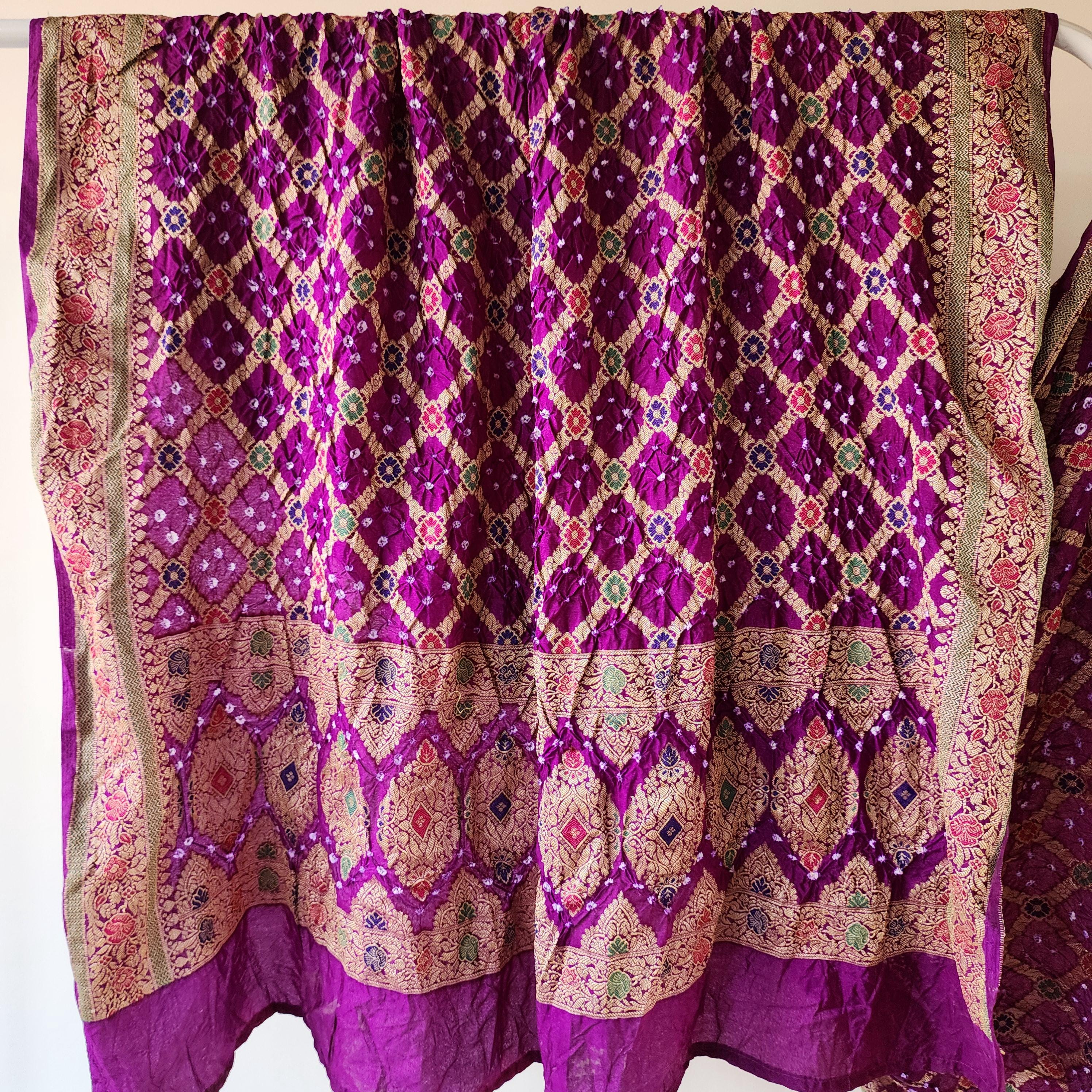 Deep Purple Bandhni dupatta with Banarasi Meenakari work