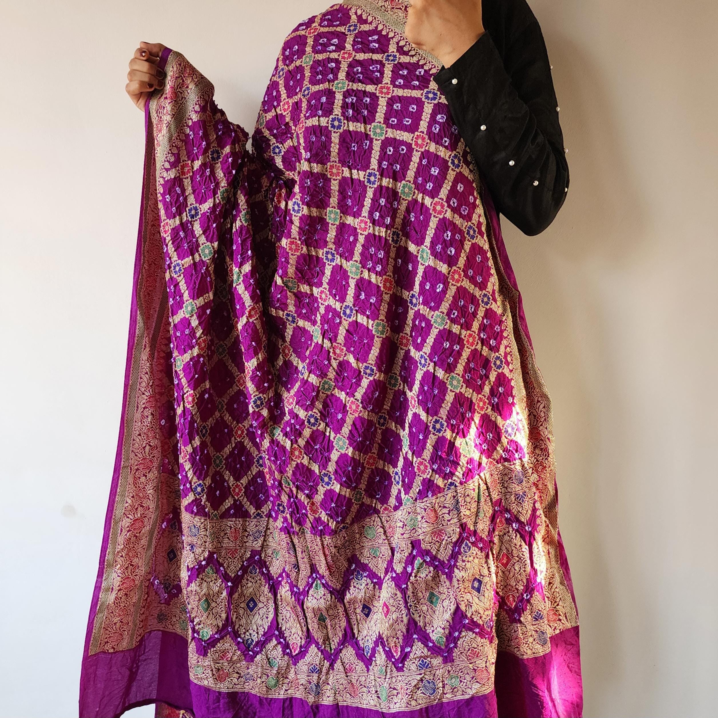 Deep Purple Bandhni dupatta with Banarasi Meenakari work