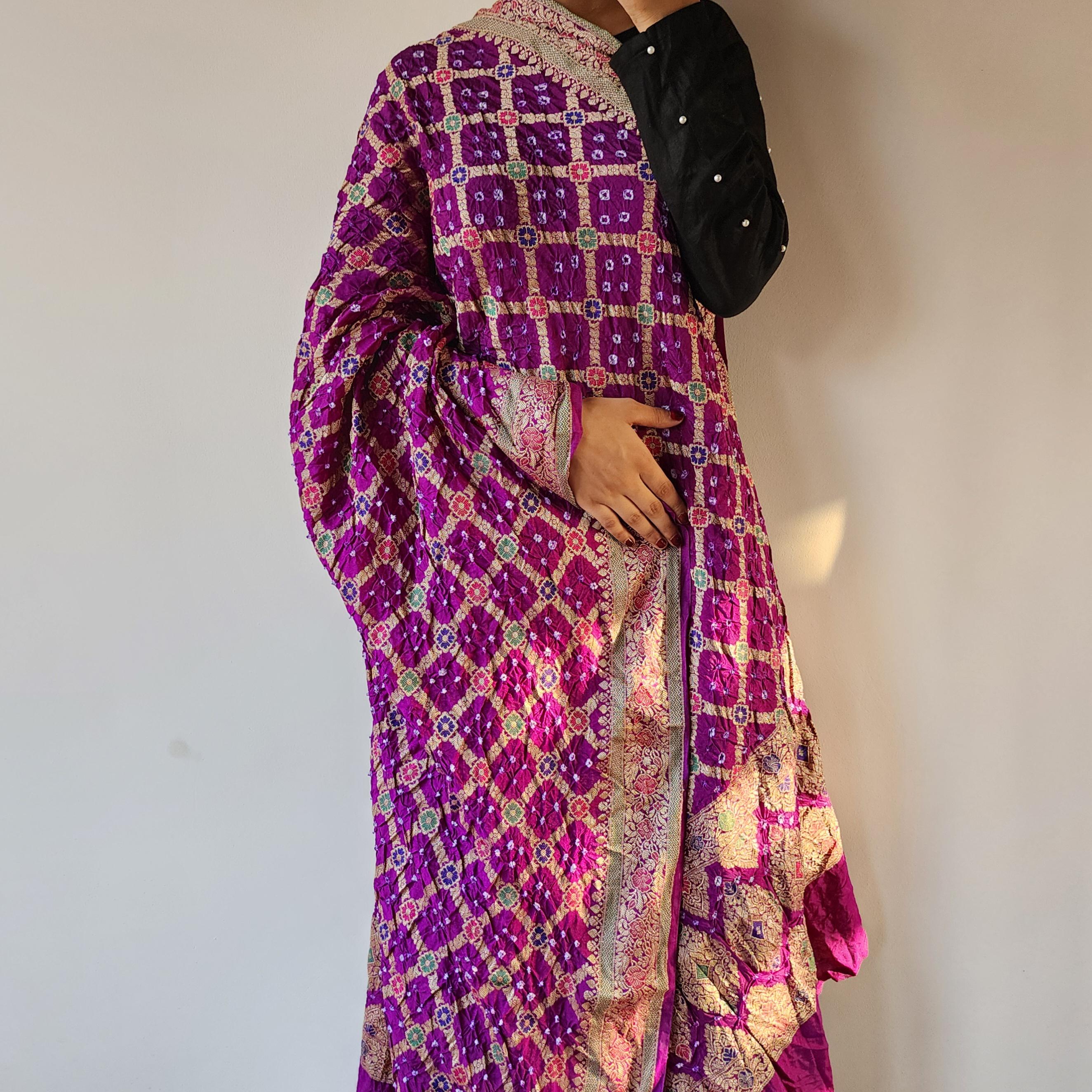 Deep Purple Bandhni dupatta with Banarasi Meenakari work