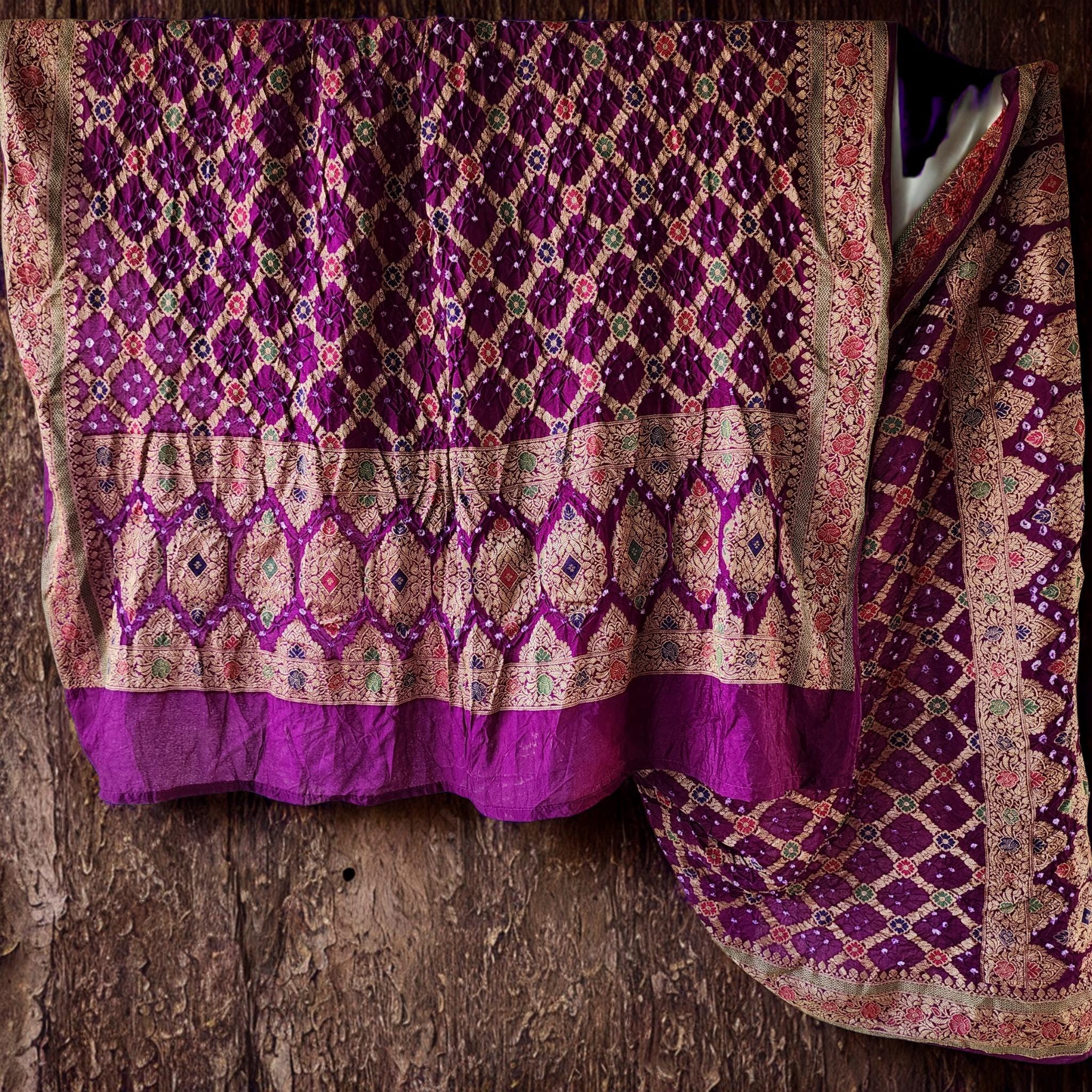 Deep Purple Bandhni dupatta with Banarasi Meenakari work