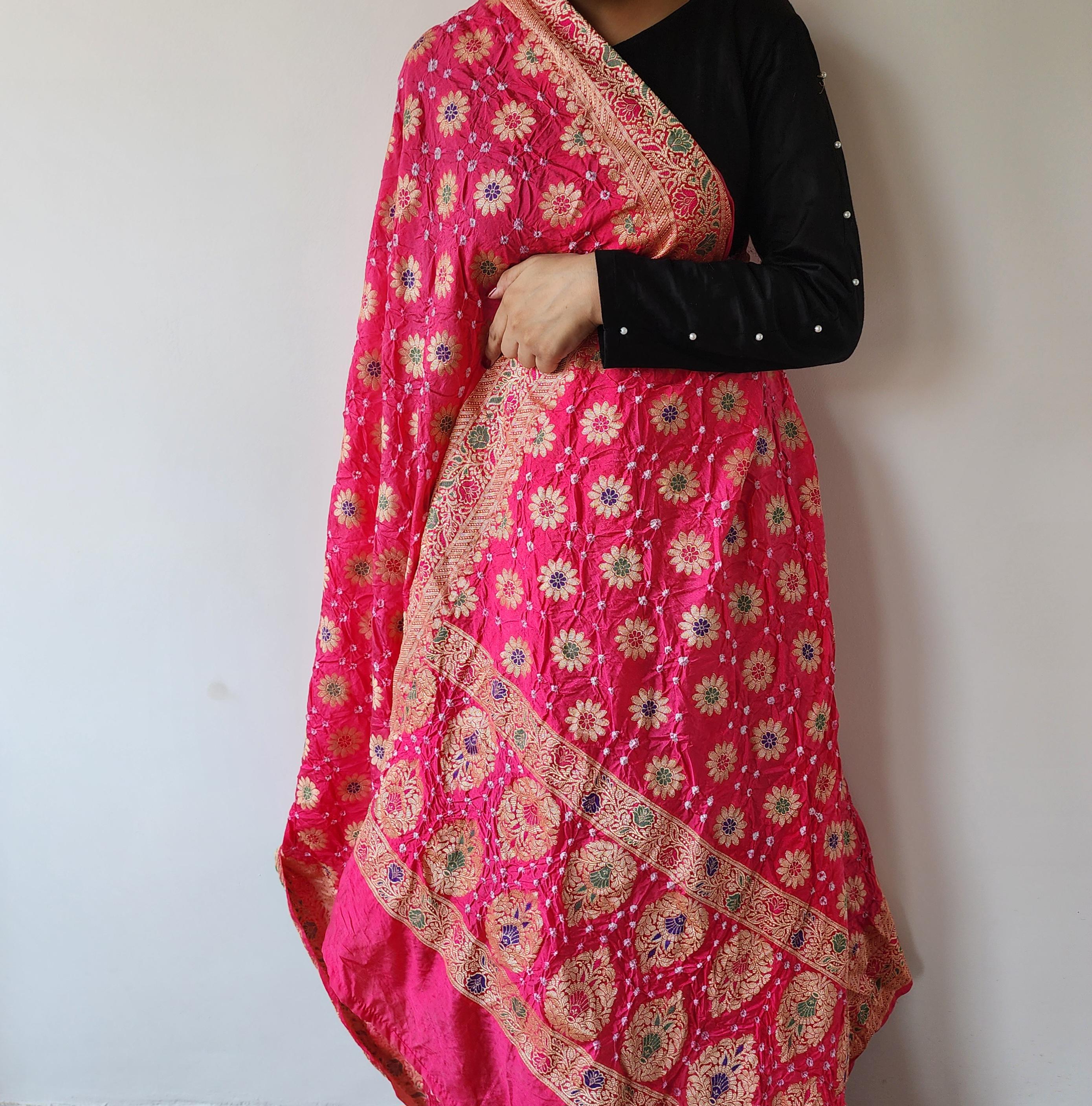Vibrant Pink Bandhni dupatta with Banarasi Meenakari work