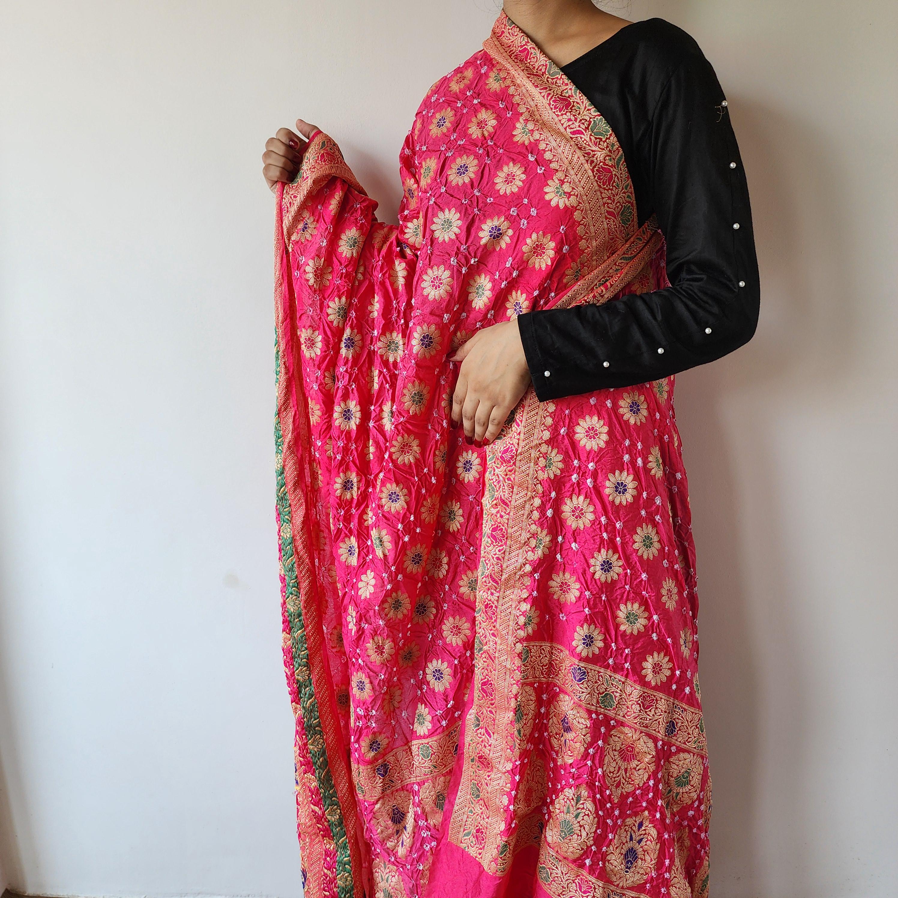 Vibrant Pink Bandhni dupatta with Banarasi Meenakari work