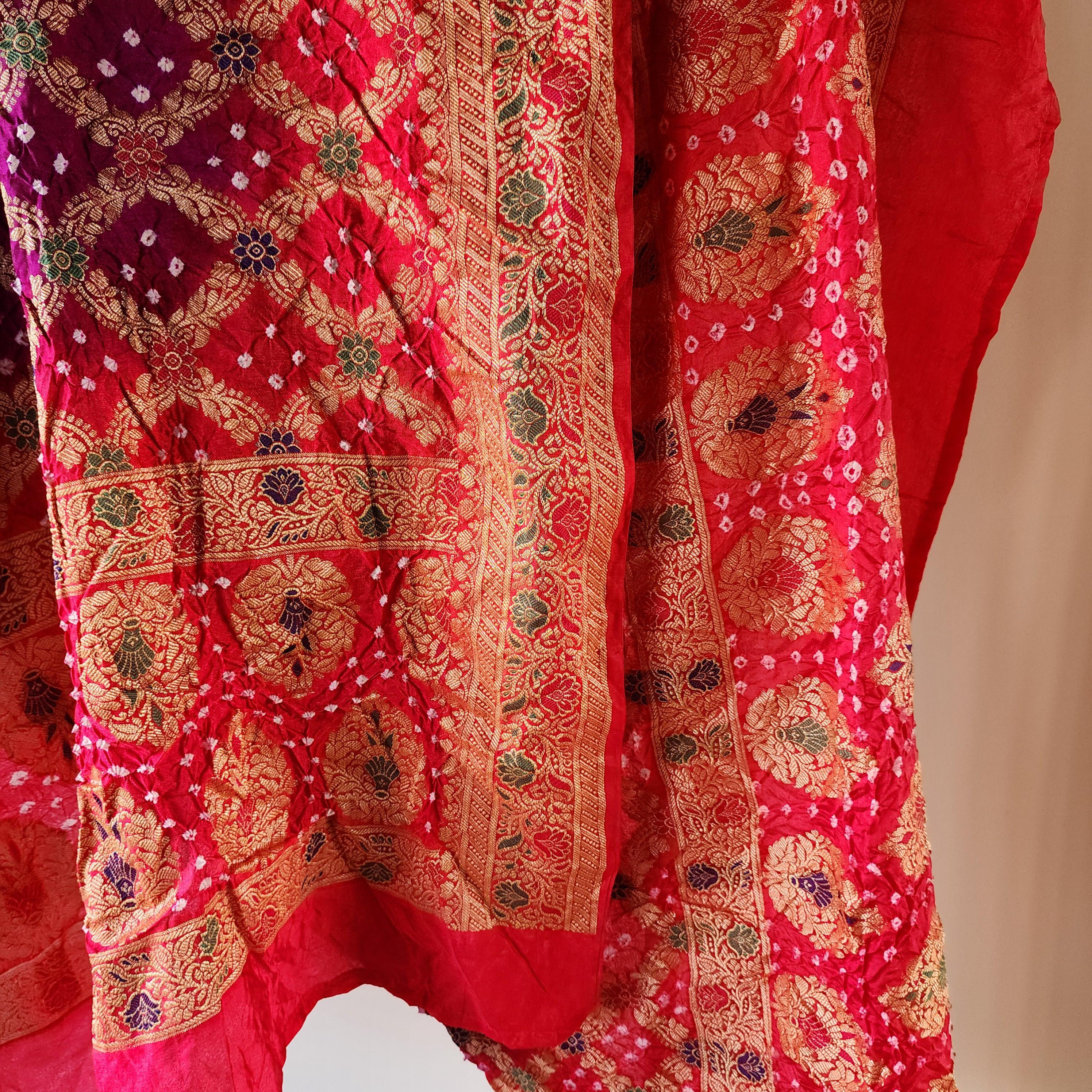 Rich Purple Bandhni dupatta with hot Pink border & Banarasi Meenakari work