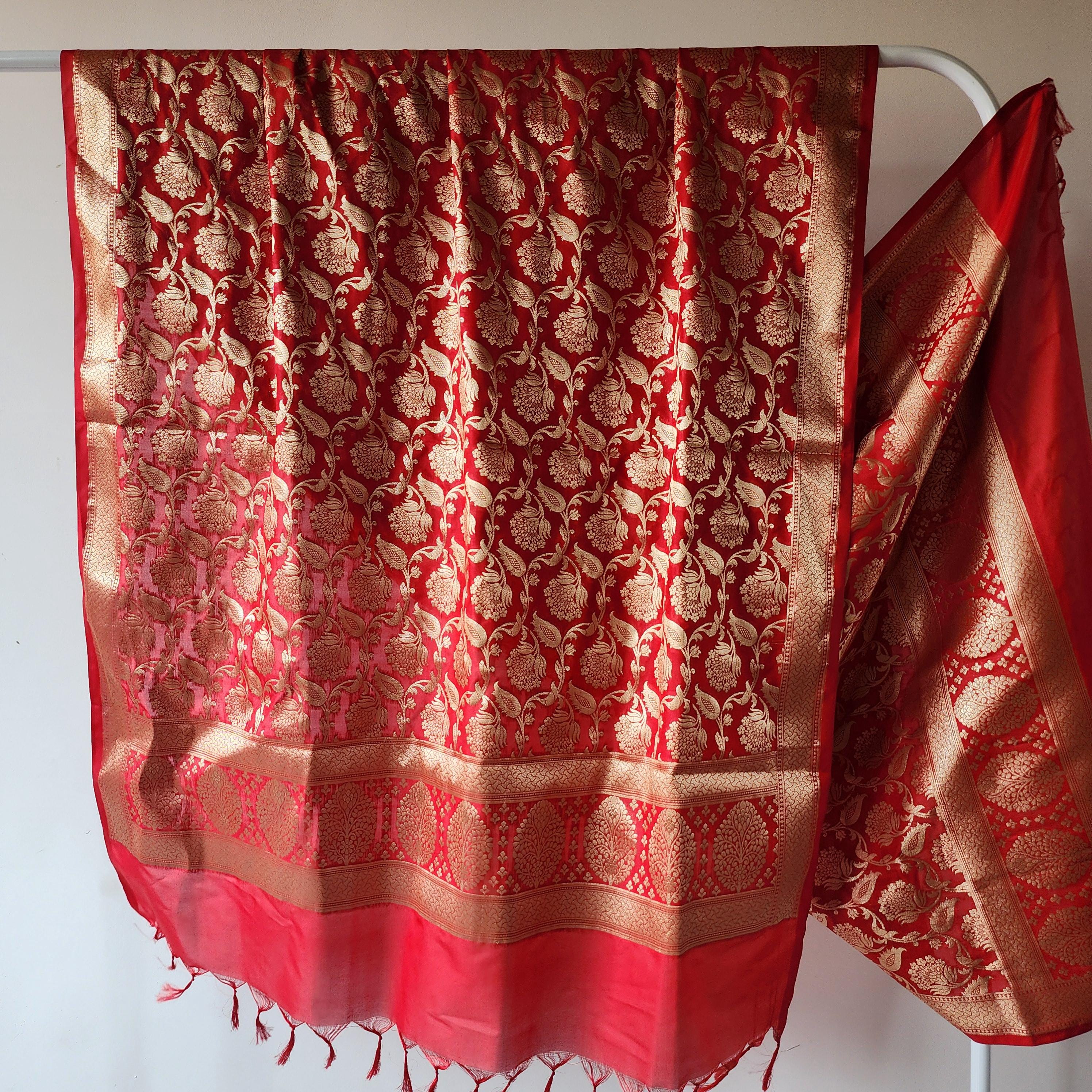 Vibrant Red Banarasi Dupatta with Gold Zari Floral Buta