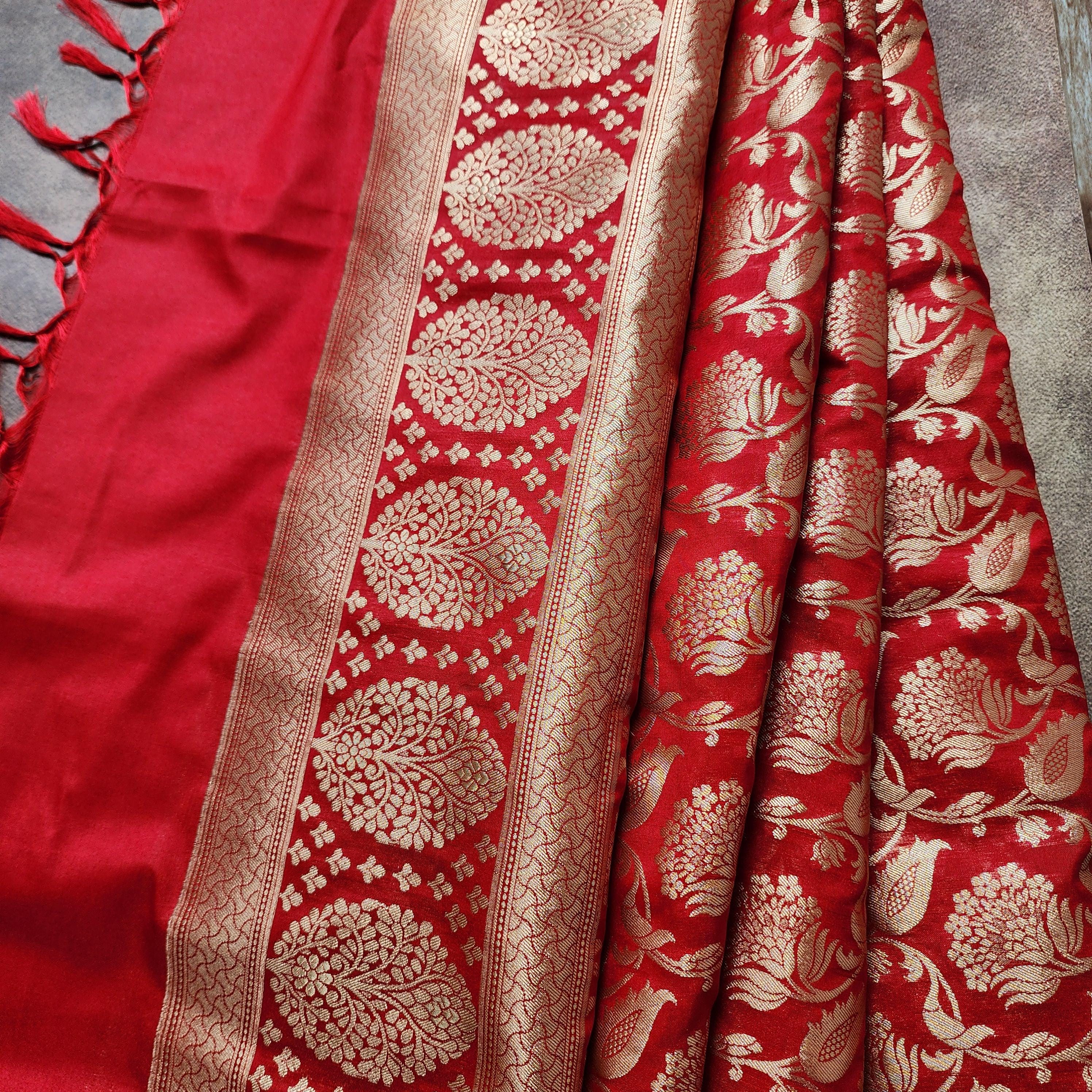 Vibrant Red Banarasi Dupatta with Gold Zari Floral Weave Rich & Timeless Look for Weddings, Festive Wear Traditional Outfits