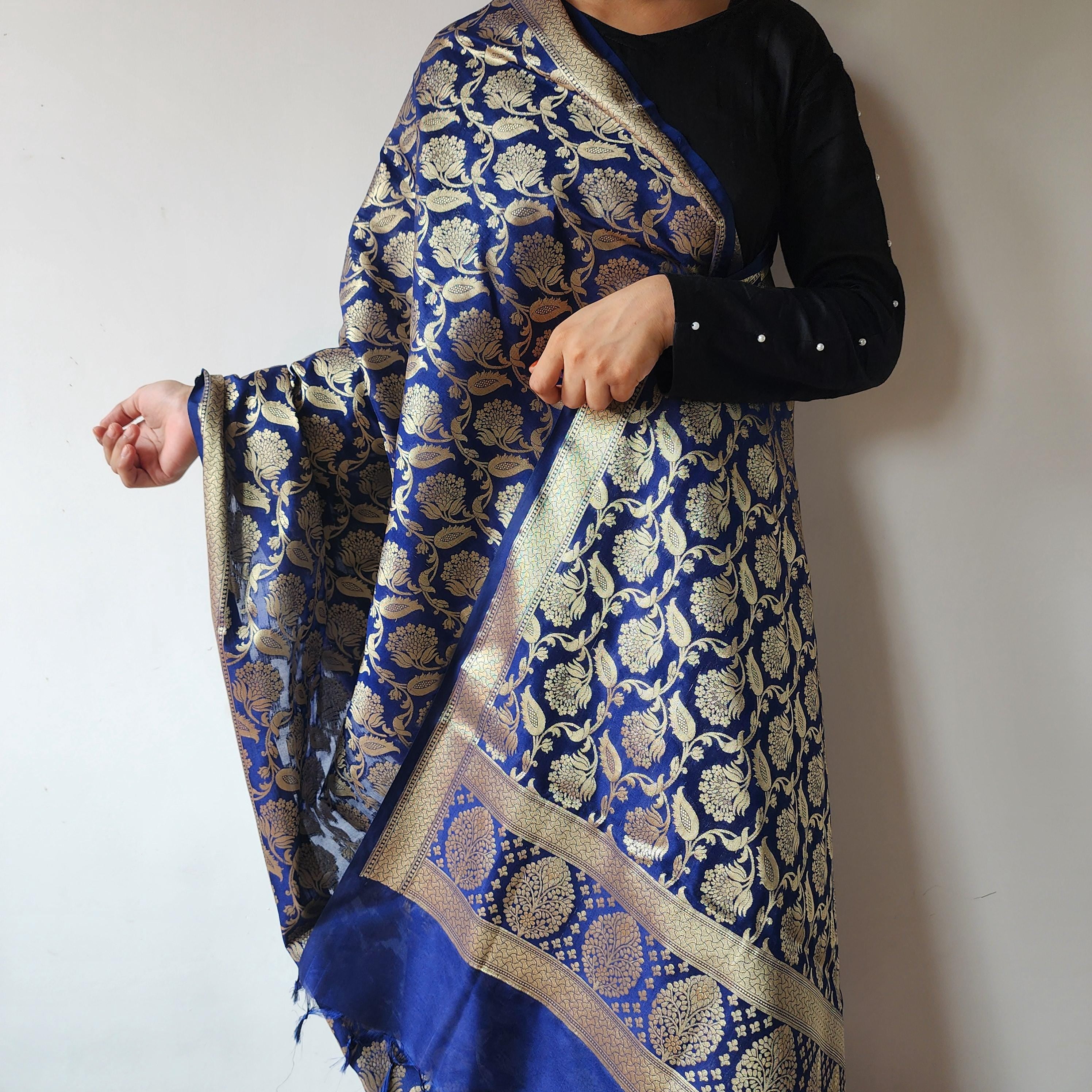 Royal Blue Banarasi Dupatta with Gold Zari Floral Buta Festive & Elegant Addition for Traditional and Wedding Wear