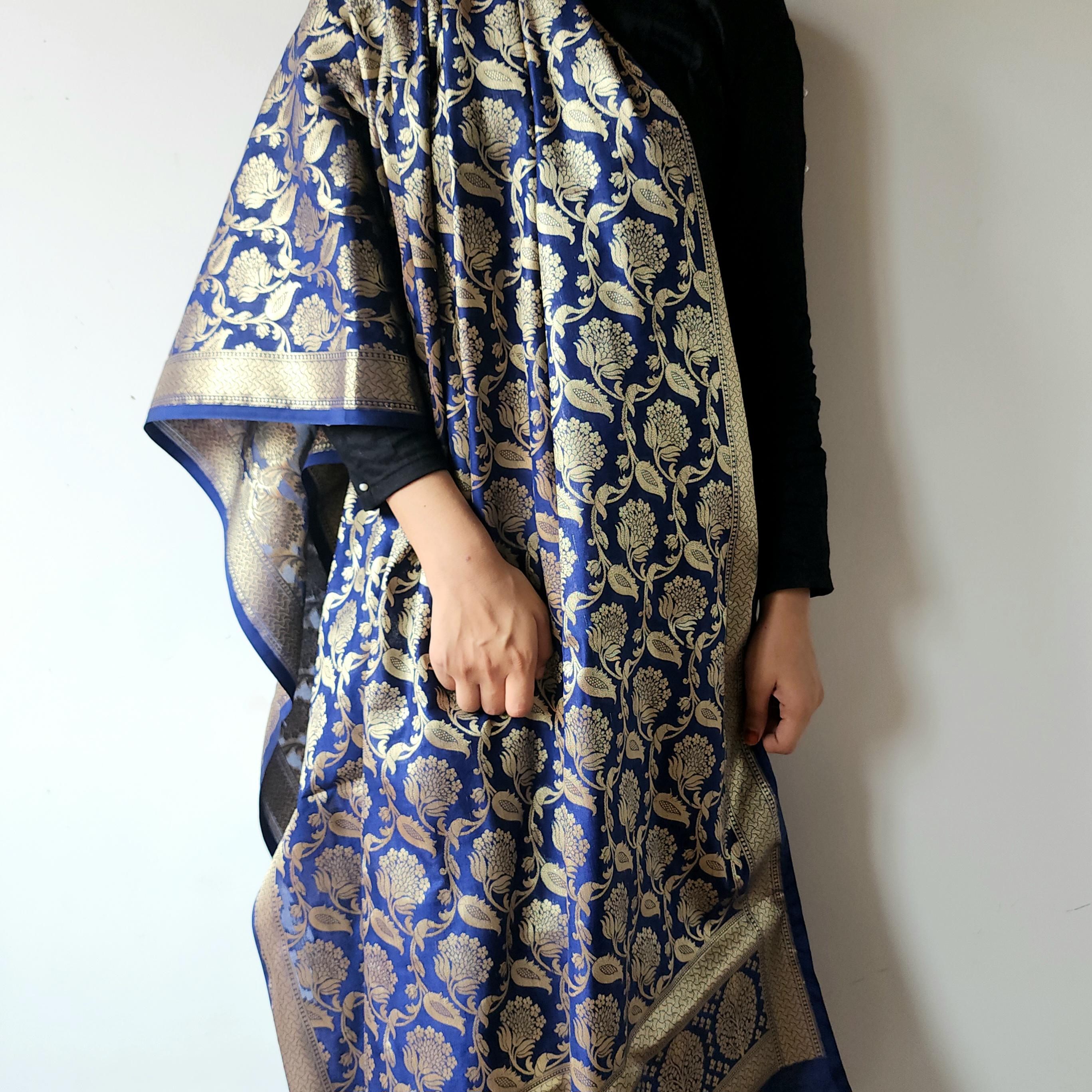 Royal Blue Banarasi Dupatta with Gold Zari Floral Buta Festive & Elegant Addition for Traditional and Wedding Wear