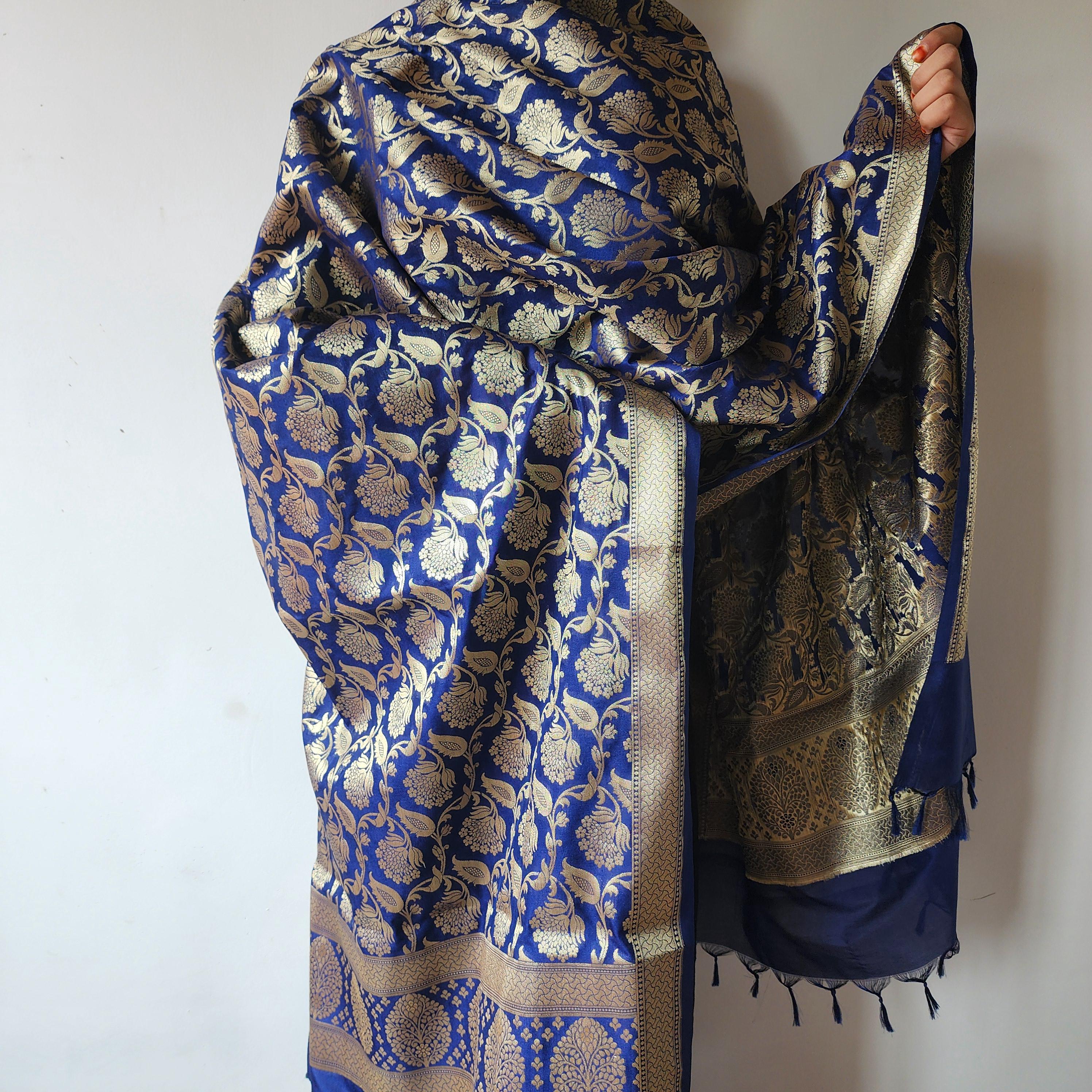 Royal Blue Banarasi Dupatta with Gold Zari Floral Buta Festive & Elegant Addition for Traditional and Wedding Wear