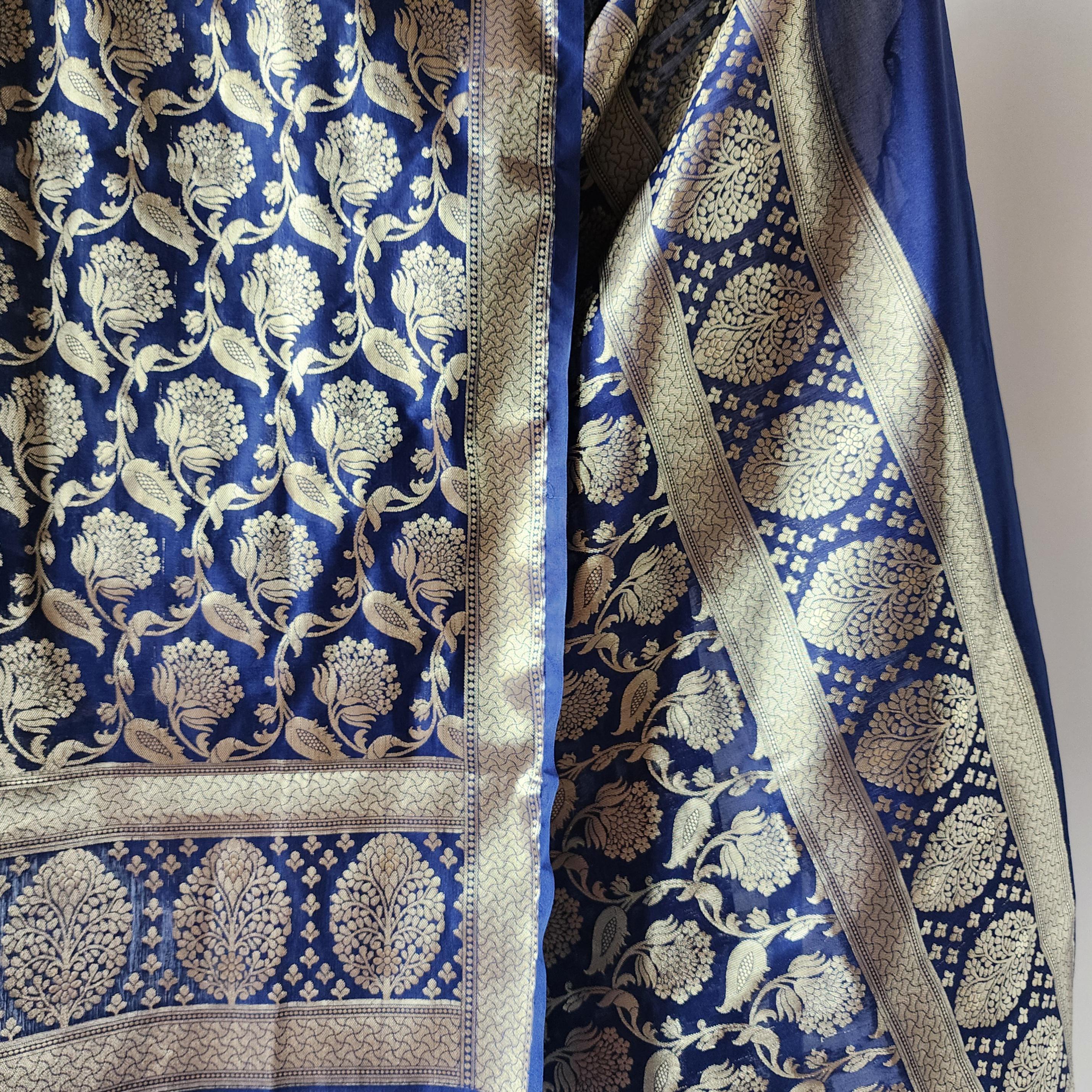 Royal Blue Banarasi Dupatta with Gold Zari Floral Buta Festive & Elegant Addition for Traditional and Wedding Wear