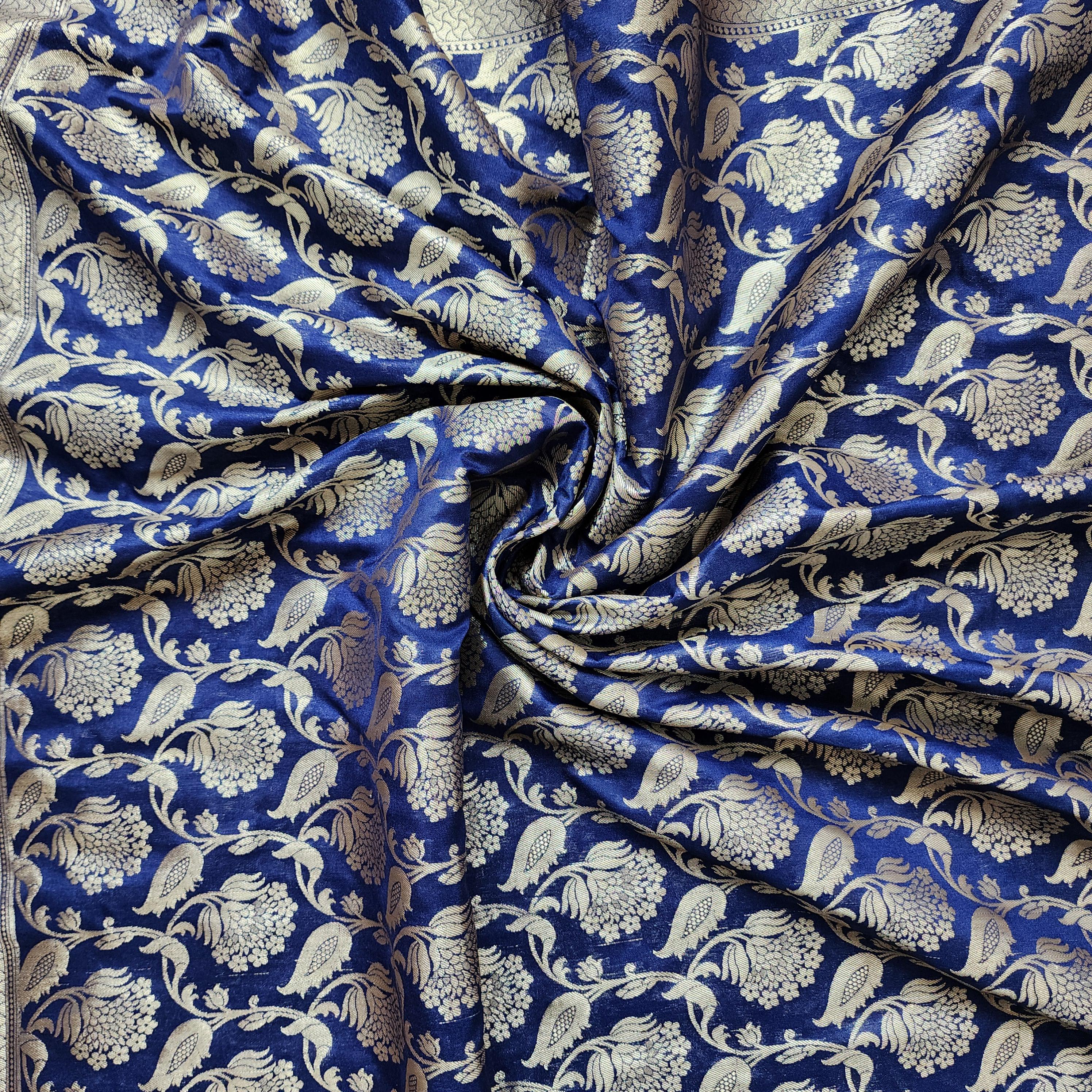 Royal Blue Banarasi Dupatta with Gold Zari Floral Buta Festive & Elegant Addition for Traditional and Wedding Wear