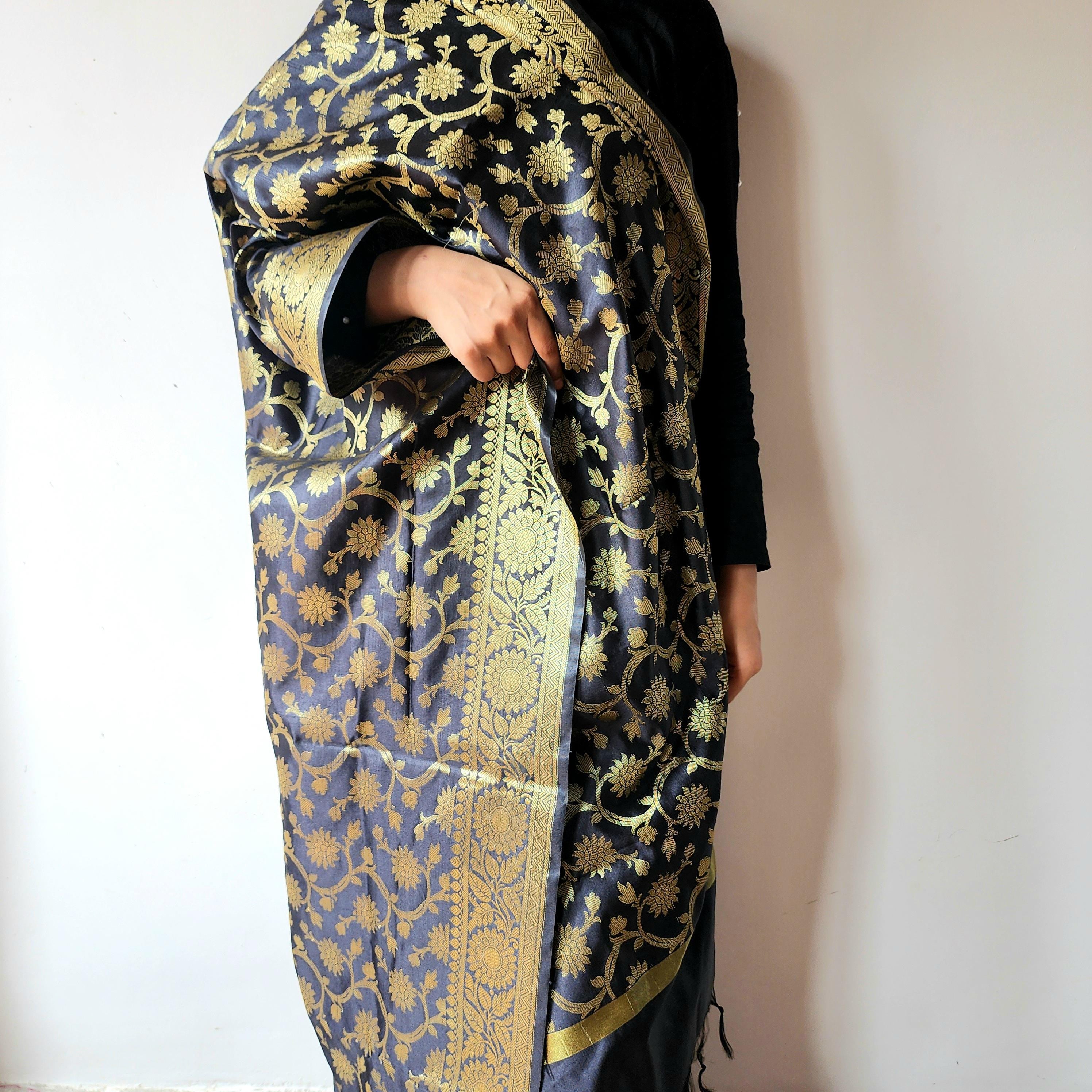 Black Banarasi Dupatta with Gold Floral Weave  Perfect for Evening Wear and Special Occasions