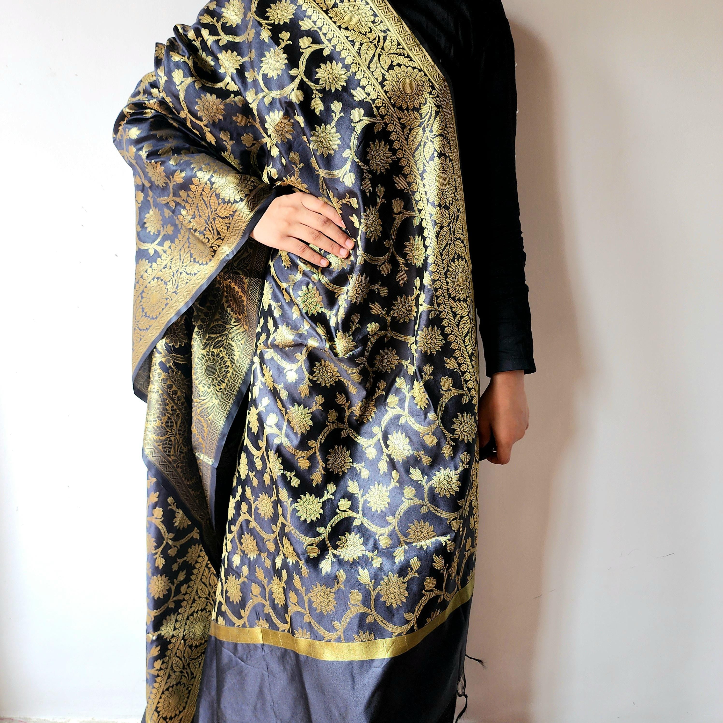 Black Banarasi Dupatta with Gold Floral Weave Perfect for Evening Wear and Special Occasions