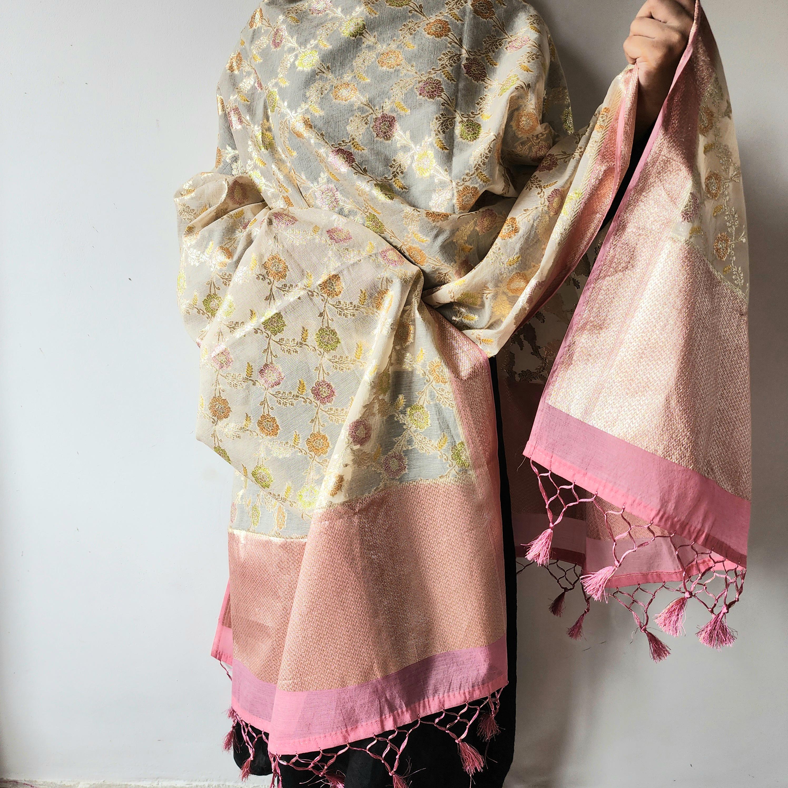 Banarasi Linen Silk Beige & Powder Pink dupatta, Handpainted Multicolor meenakari work Indian traditional & Festive wear Dupatta