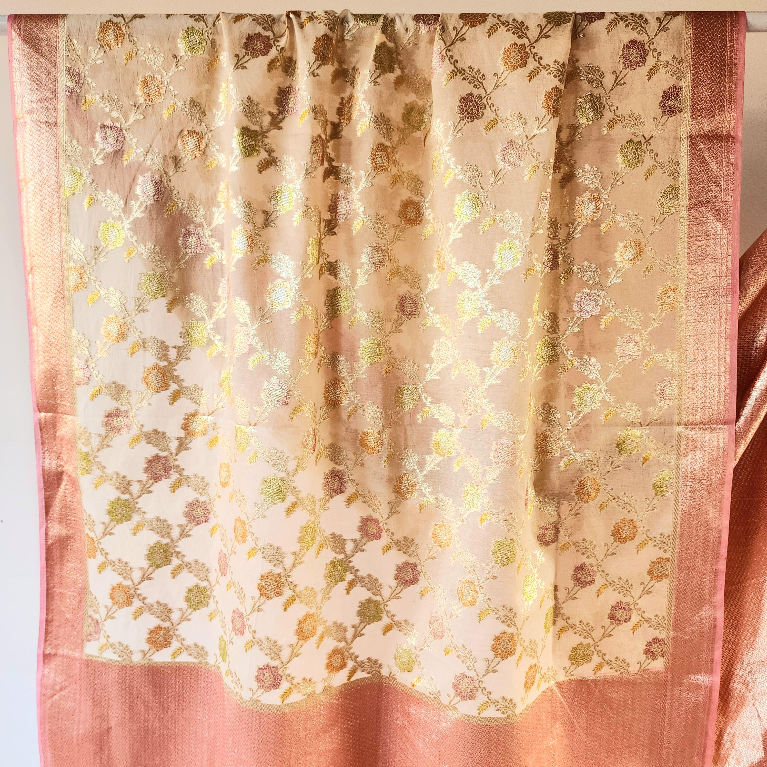 Banarasi Linen Silk Beige & Powder Pink dupatta, Handpainted Multicolor meenakari work Indian traditional & Festive wear Dupatta