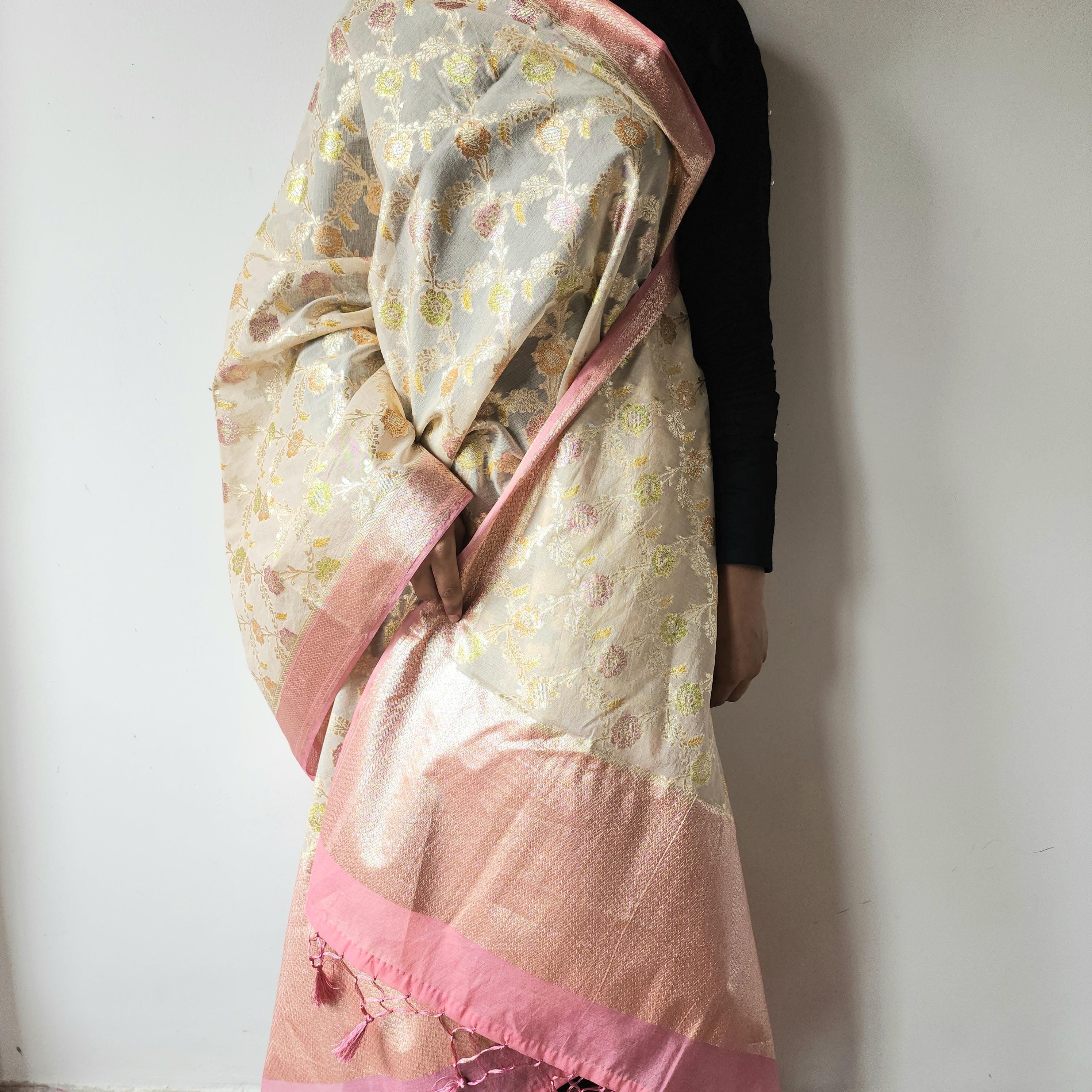 Banarasi Linen Silk Beige & Powder Pink dupatta, Handpainted Multicolor meenakari work Indian traditional & Festive wear Dupatta