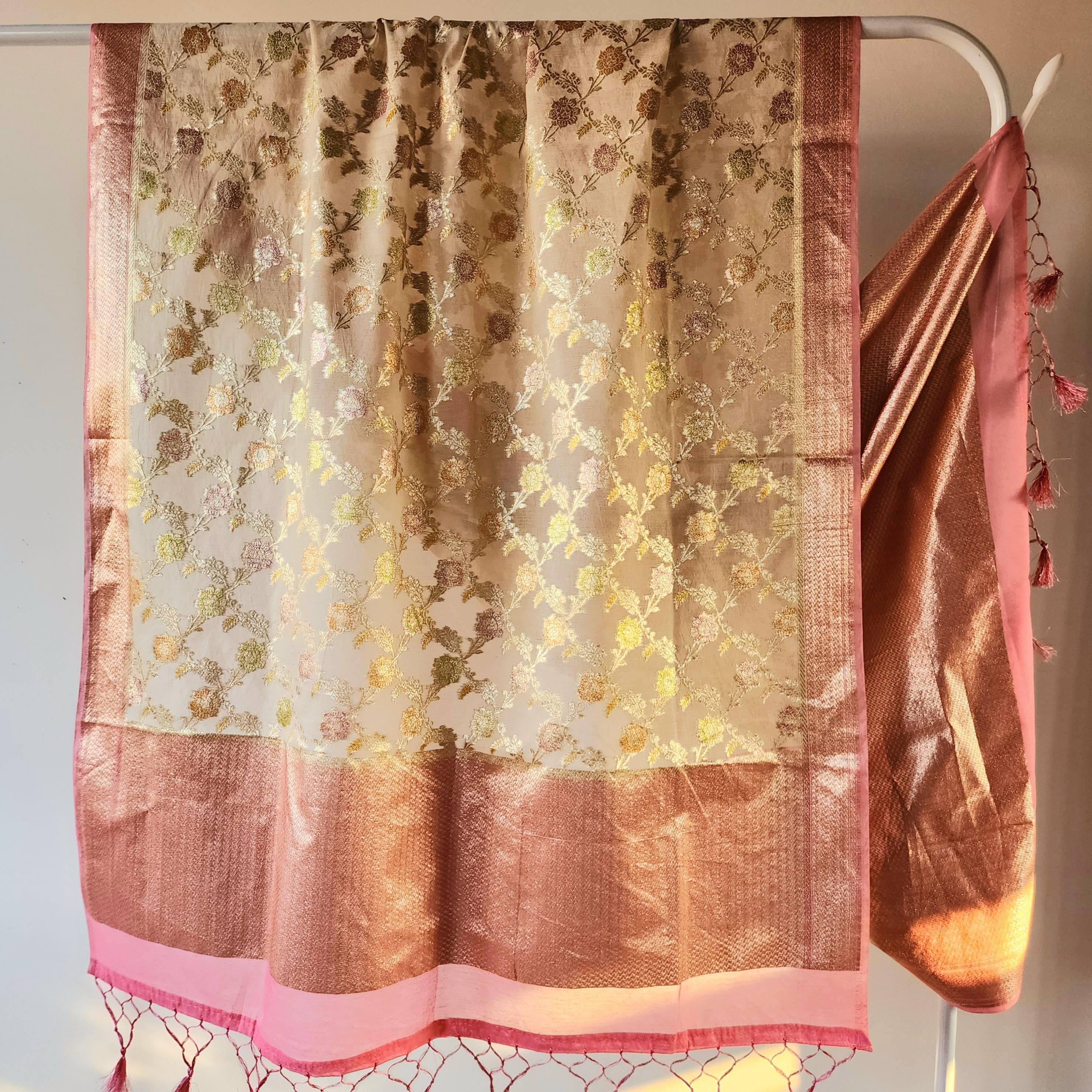 Banarasi Linen Silk Beige & Powder Pink dupatta, Handpainted Multicolor meenakari work Indian traditional & Festive wear Dupatta