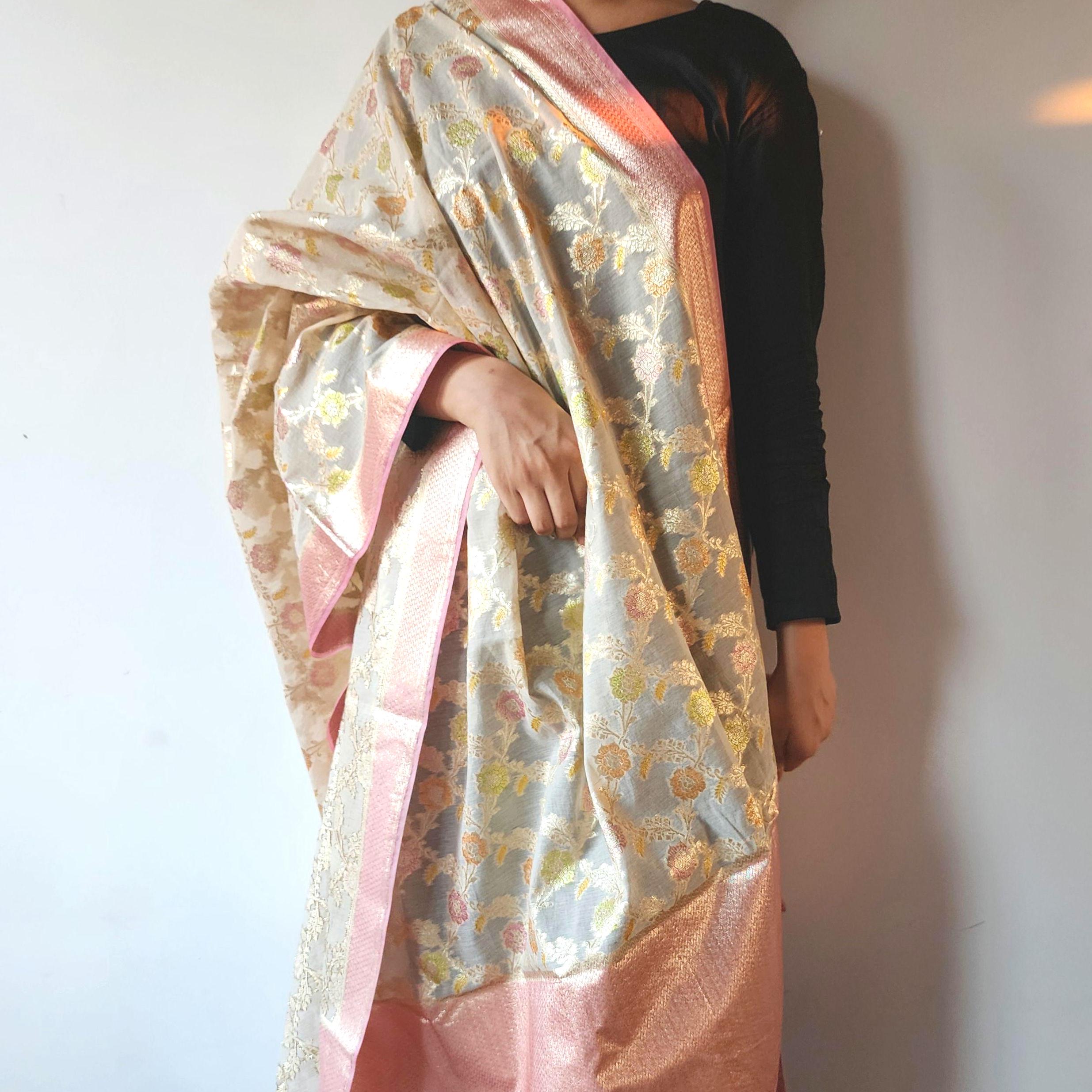 Banarasi Linen Silk Beige & Powder Pink dupatta, Handpainted Multicolor meenakari work Indian traditional & Festive wear Dupatta