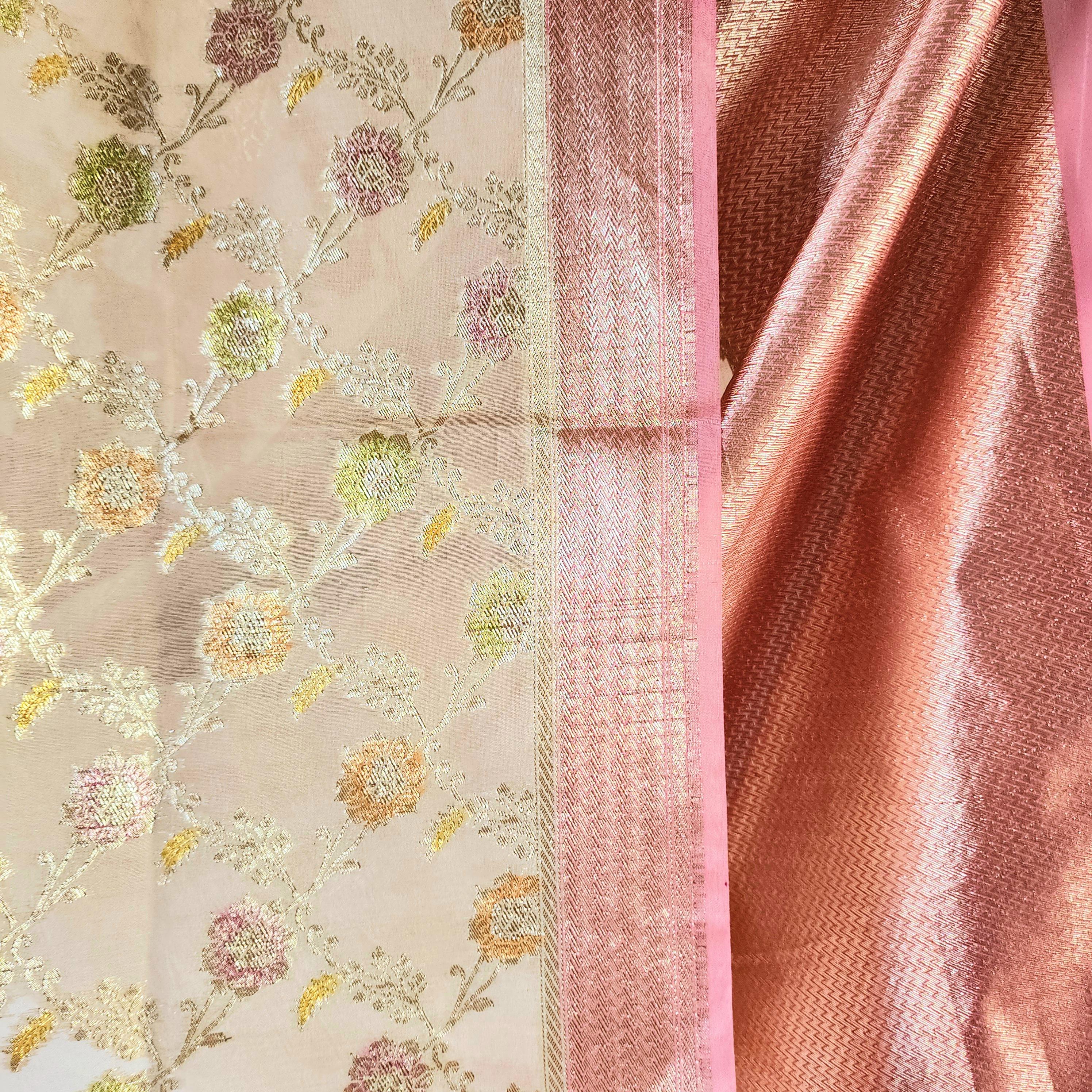 Banarasi Linen Silk Beige & Powder Pink dupatta, Handpainted Multicolor meenakari work Indian traditional & Festive wear Dupatta