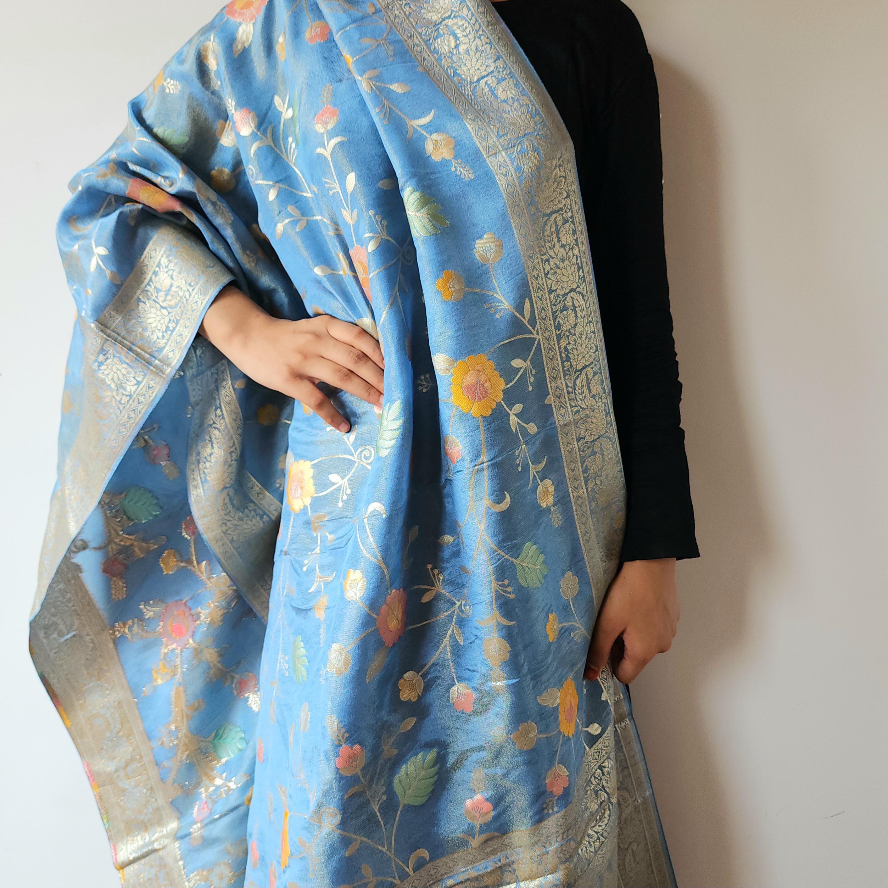 Banarasi Brocade Silk Sky Blue dupatta, Handpainted Multicolor meenakari work Indian traditional & Festive wear Dupatta