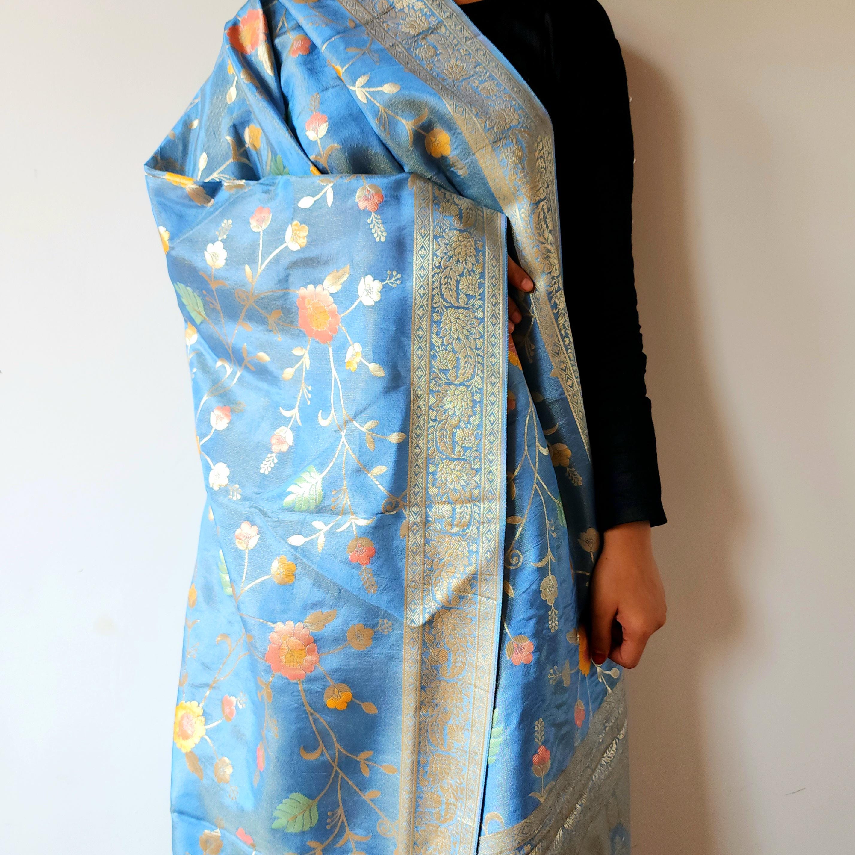 Banarasi Brocade Silk Sky Blue dupatta, Handpainted Multicolor meenakari work Indian traditional & Festive wear Dupatta