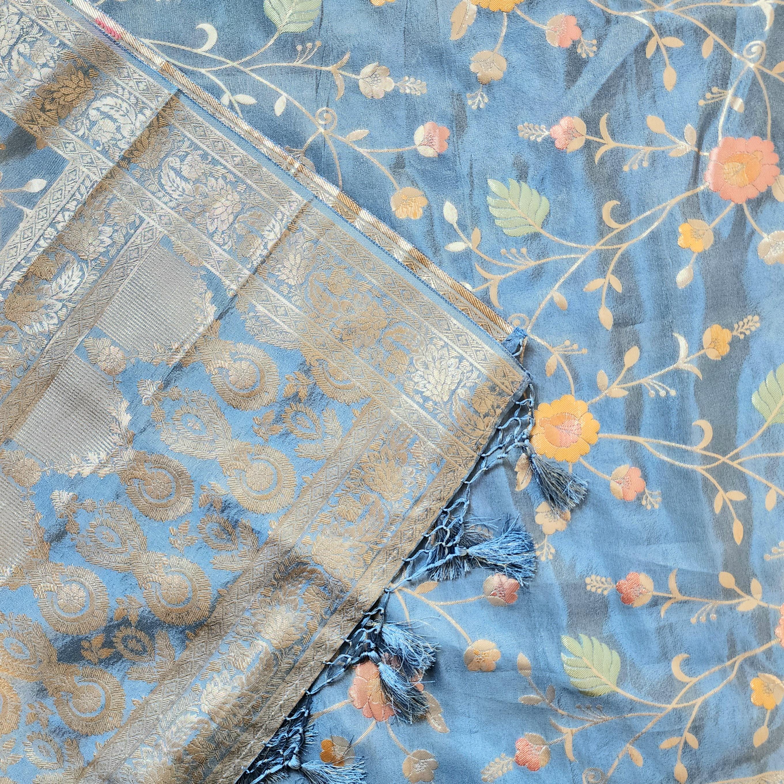 Banarasi Brocade Silk Sky Blue dupatta, Handpainted Multicolor meenakari work Indian traditional & Festive wear Dupatta