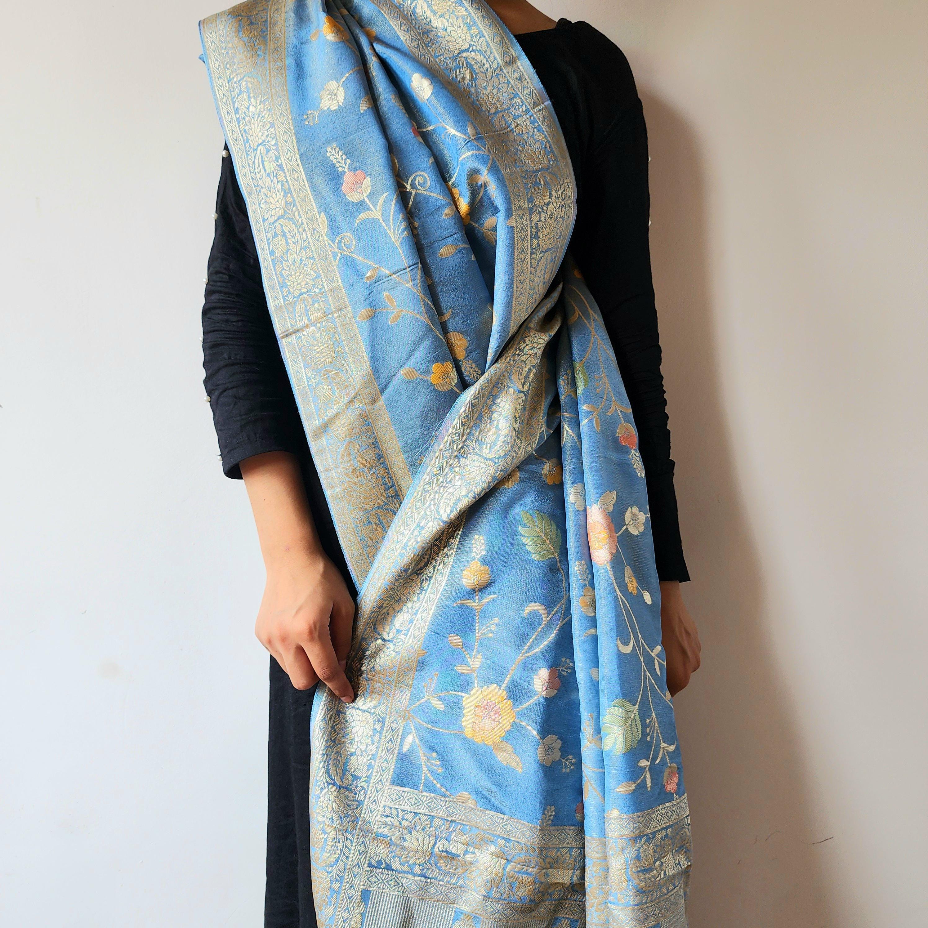 Banarasi Brocade Silk Sky Blue dupatta, Handpainted Multicolor meenakari work Indian traditional & Festive wear Dupatta