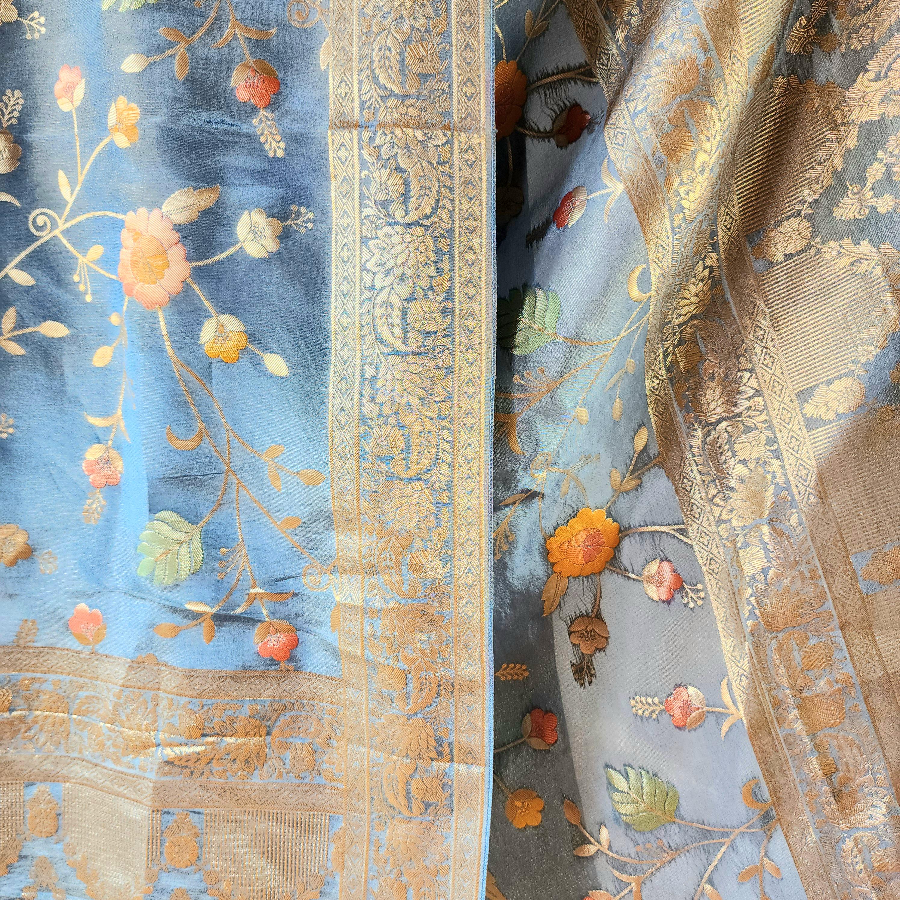 Banarasi Brocade Silk Sky Blue dupatta, Handpainted Multicolor meenakari work Indian traditional & Festive wear Dupatta