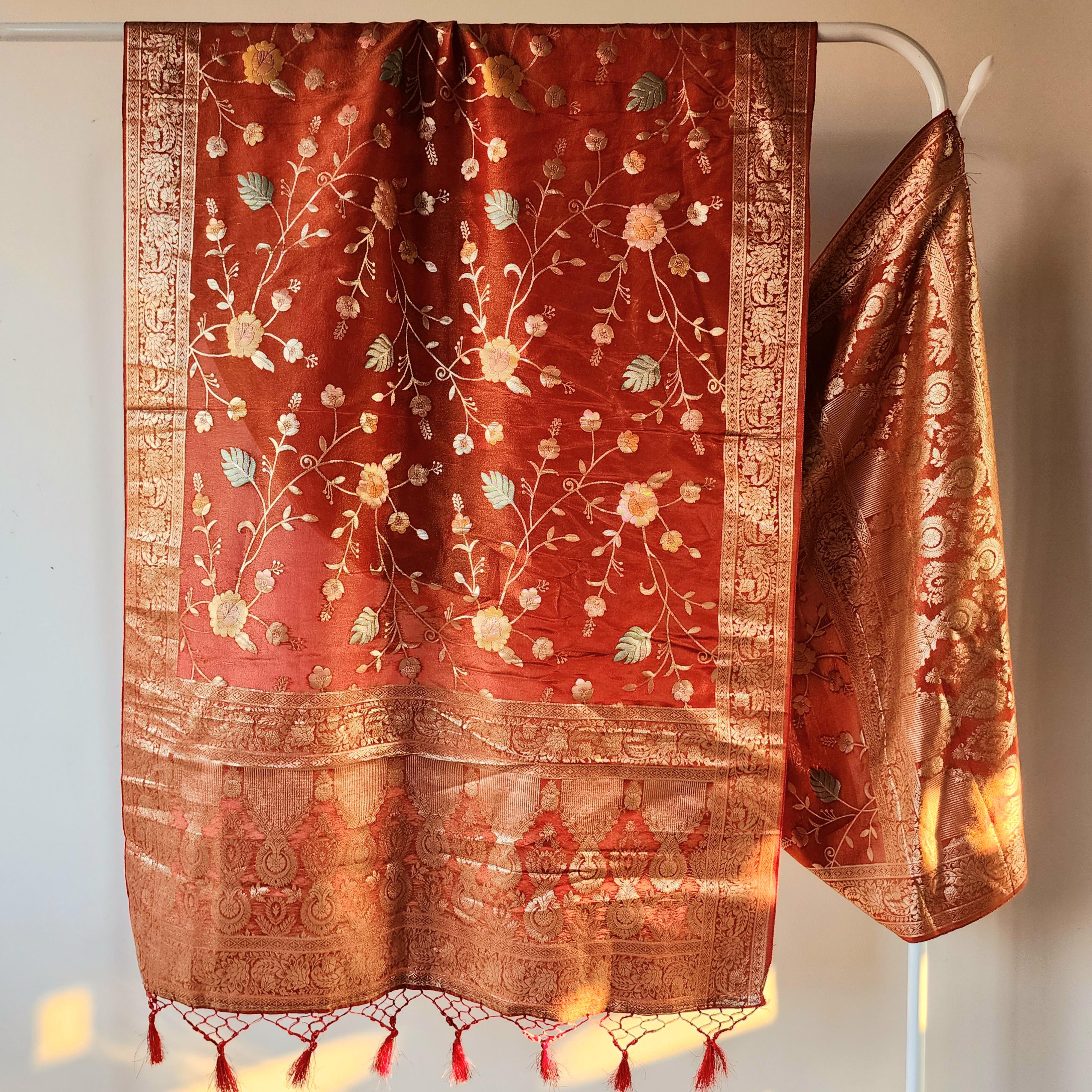 Banarasi Brocade Brick Red dupatta, Handpainted Multicolor meenakari work Indian traditional & Festive wear Dupatta