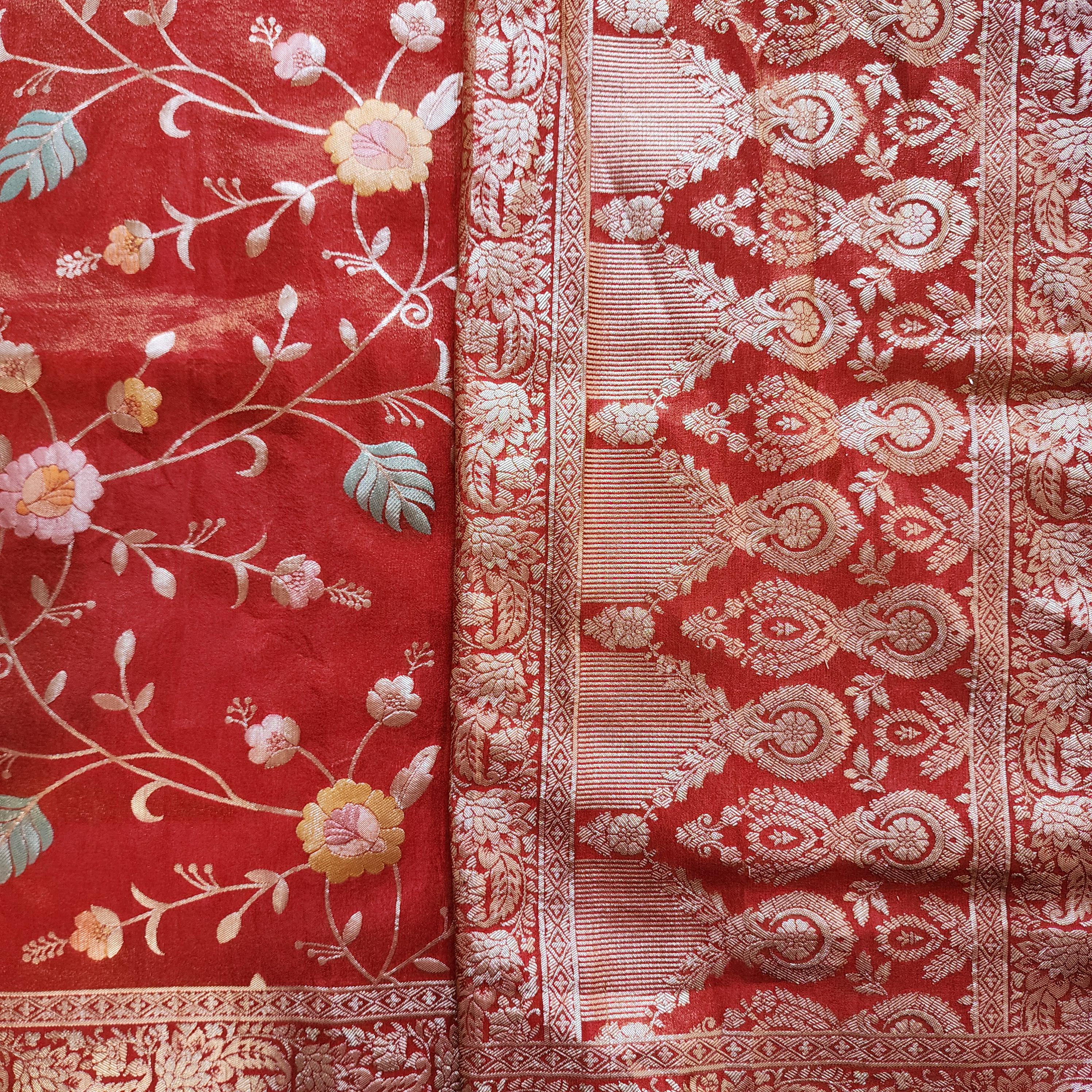 Banarasi Brocade Brick Red dupatta, Handpainted Multicolor meenakari work Indian traditional & Festive wear Dupatta