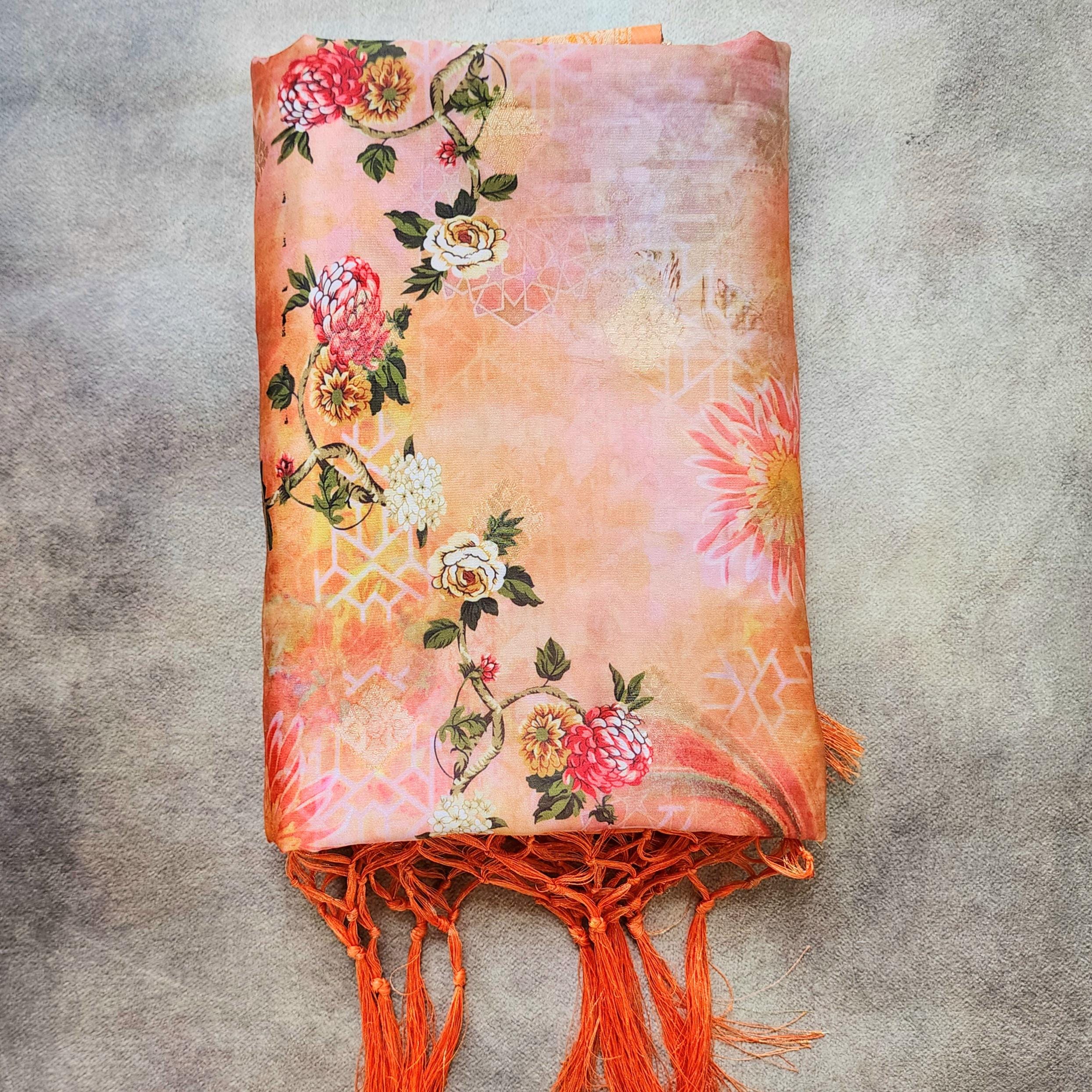 Banarasi Silk Peach Dupatta with luxurious floral prints