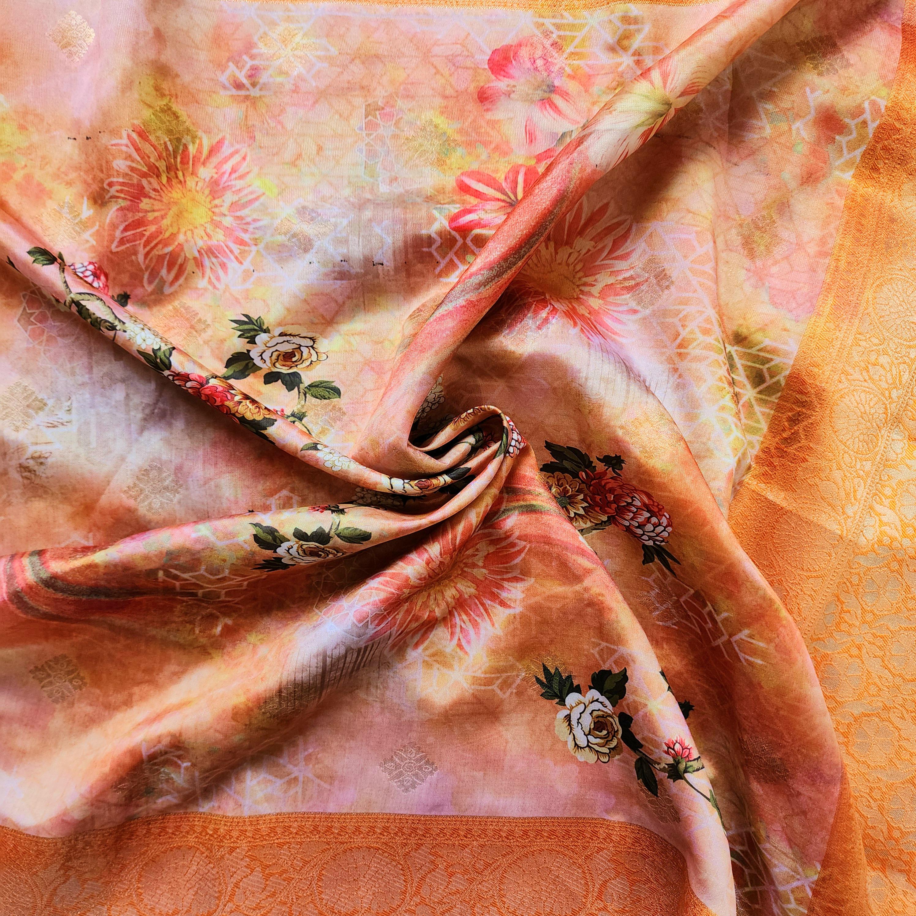 Banarasi Silk Peach Dupatta with luxurious floral prints