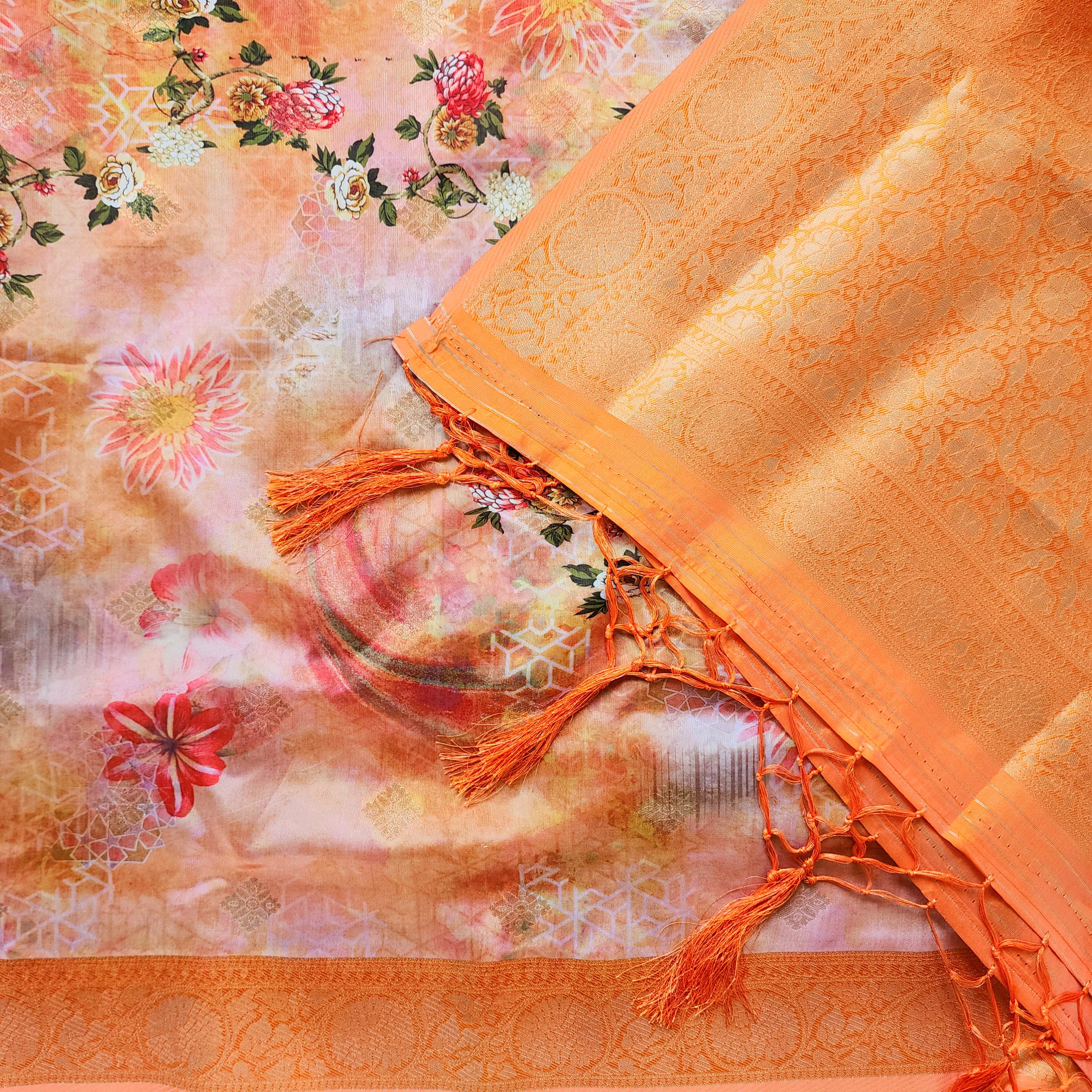 Banarasi Silk Peach Dupatta with luxurious floral prints