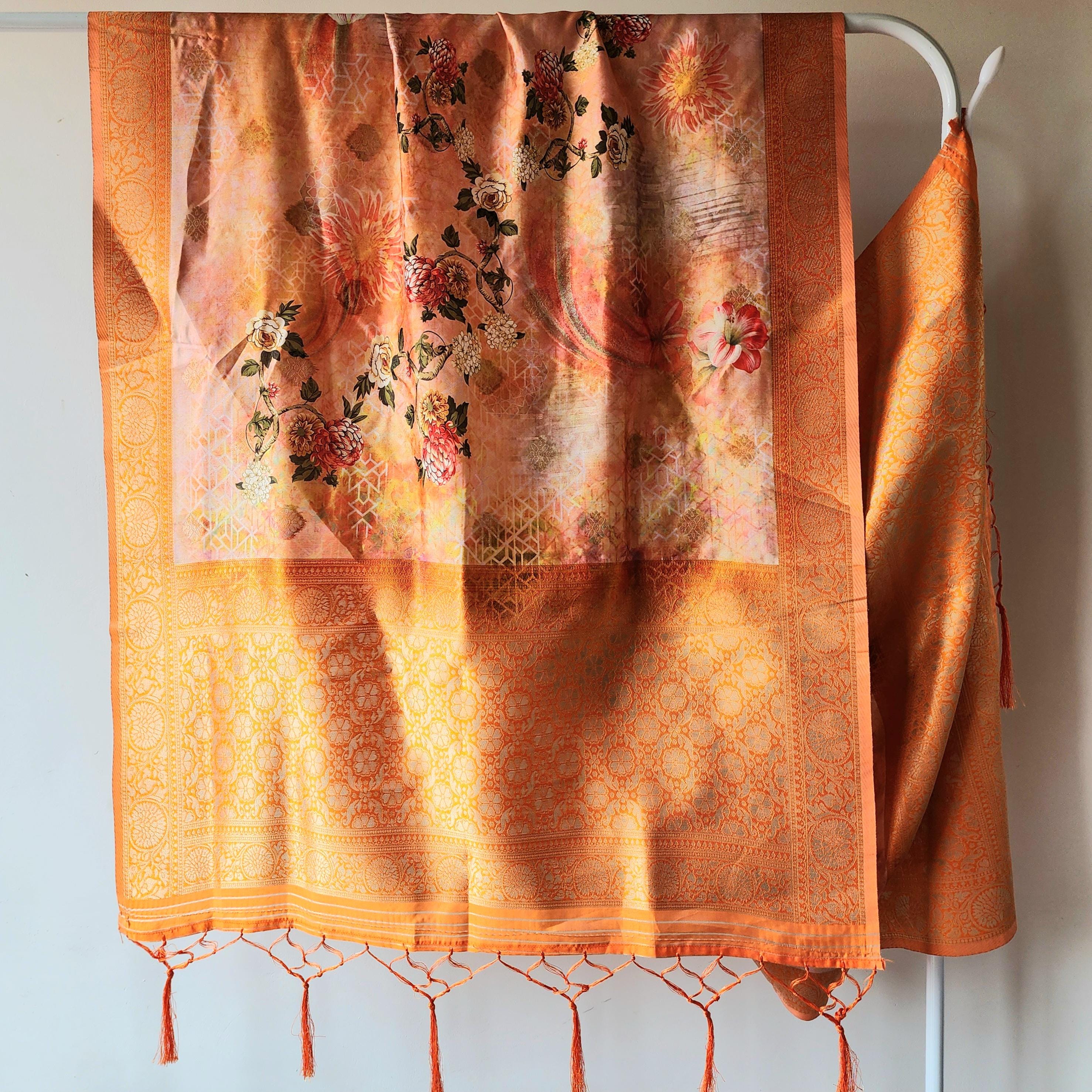 Banarasi Silk Peach Dupatta with luxurious floral prints