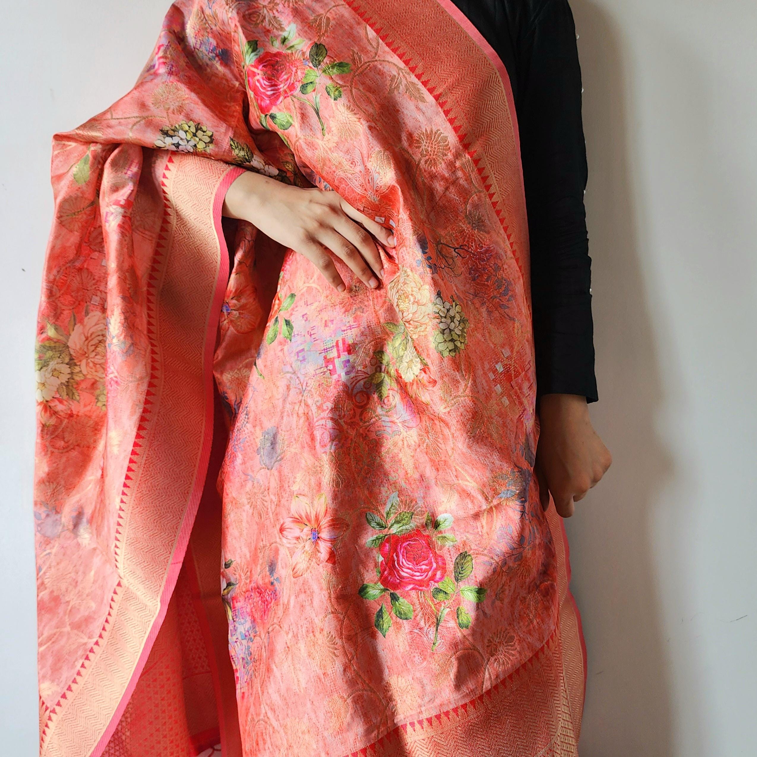 Banarasi Silk royal Red Dupatta with luxurious floral prints