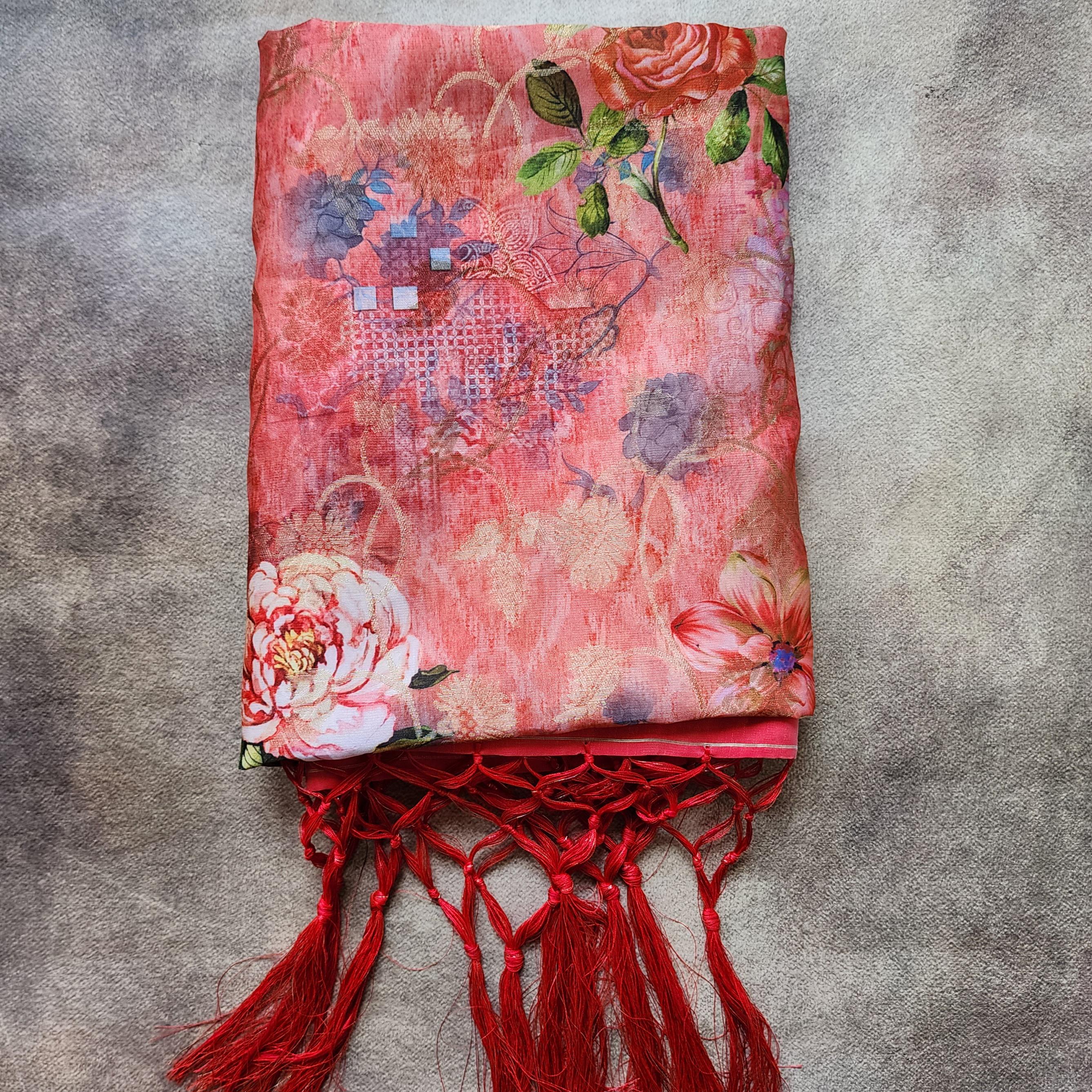 Banarasi Silk royal Red Dupatta with luxurious floral prints