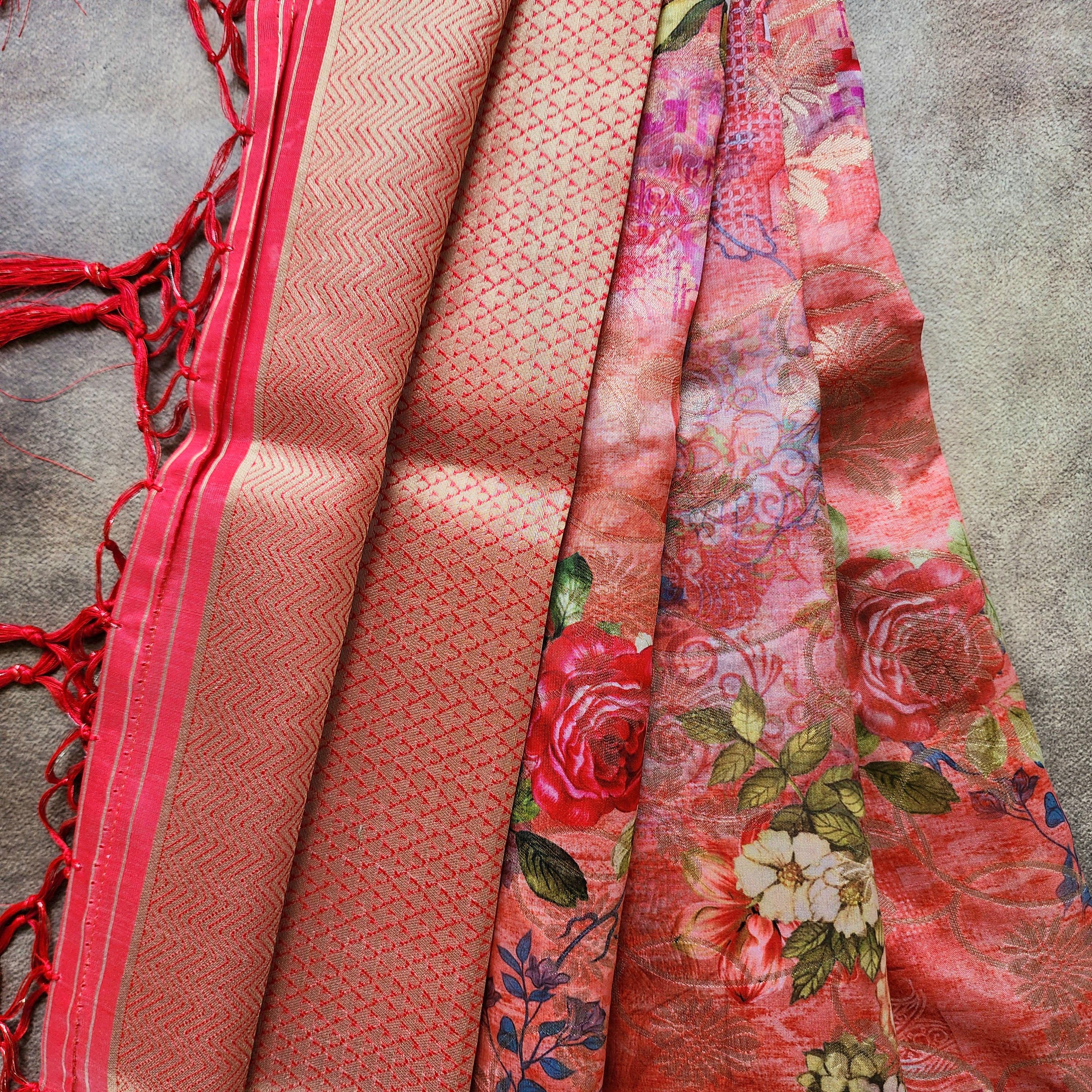 Banarasi Silk royal Red Dupatta with luxurious floral prints