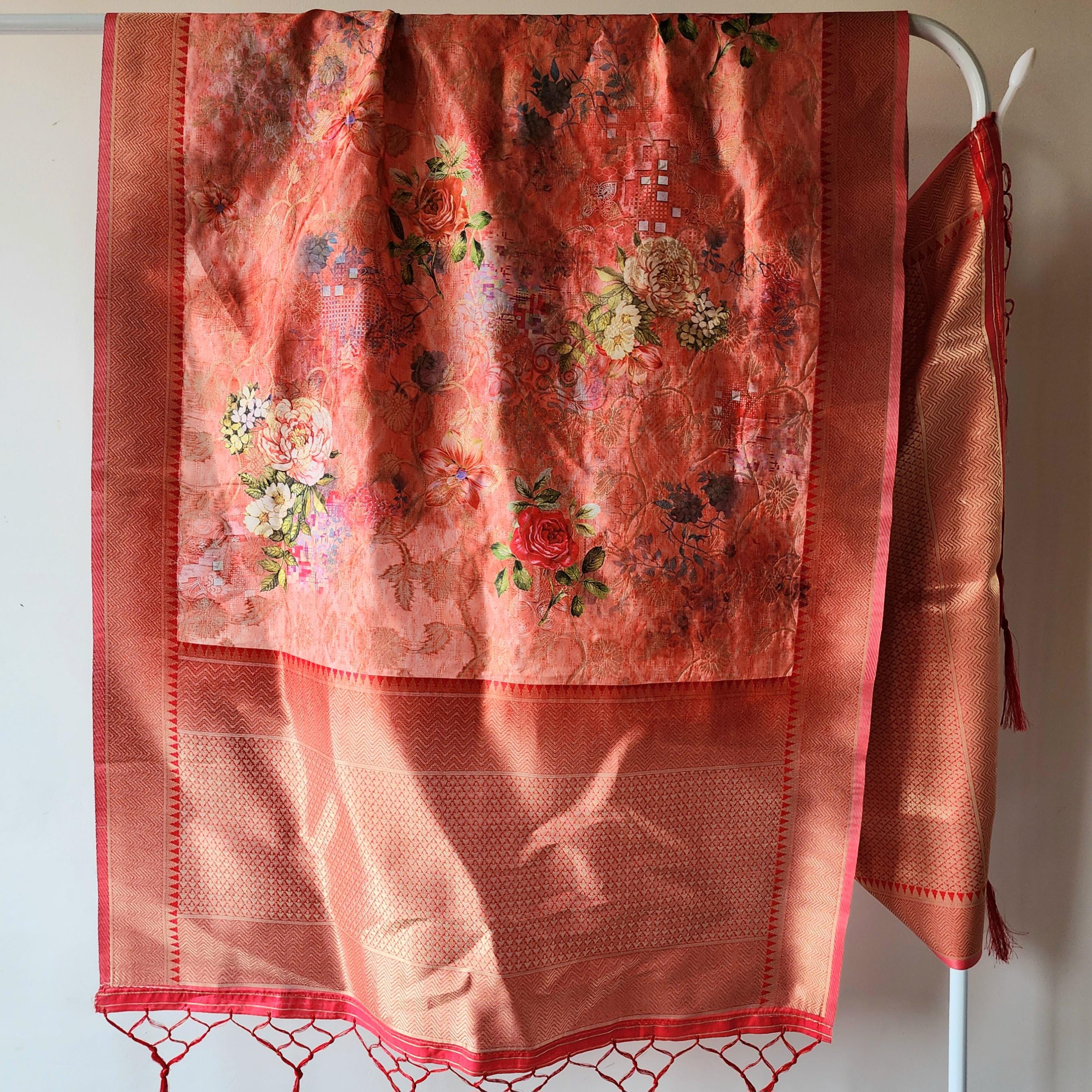 Banarasi Silk royal Red Dupatta with luxurious floral prints