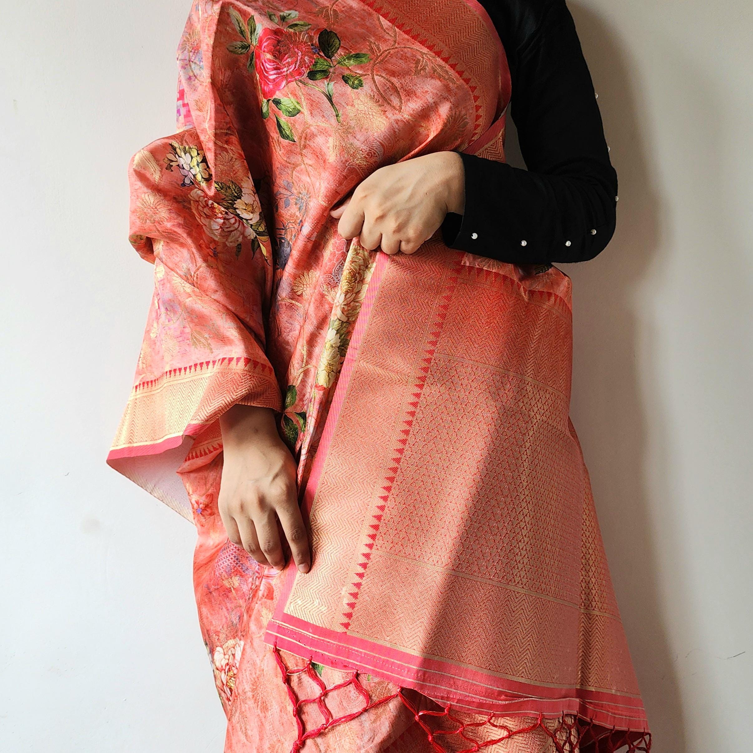 Banarasi Silk royal Red Dupatta with luxurious floral prints