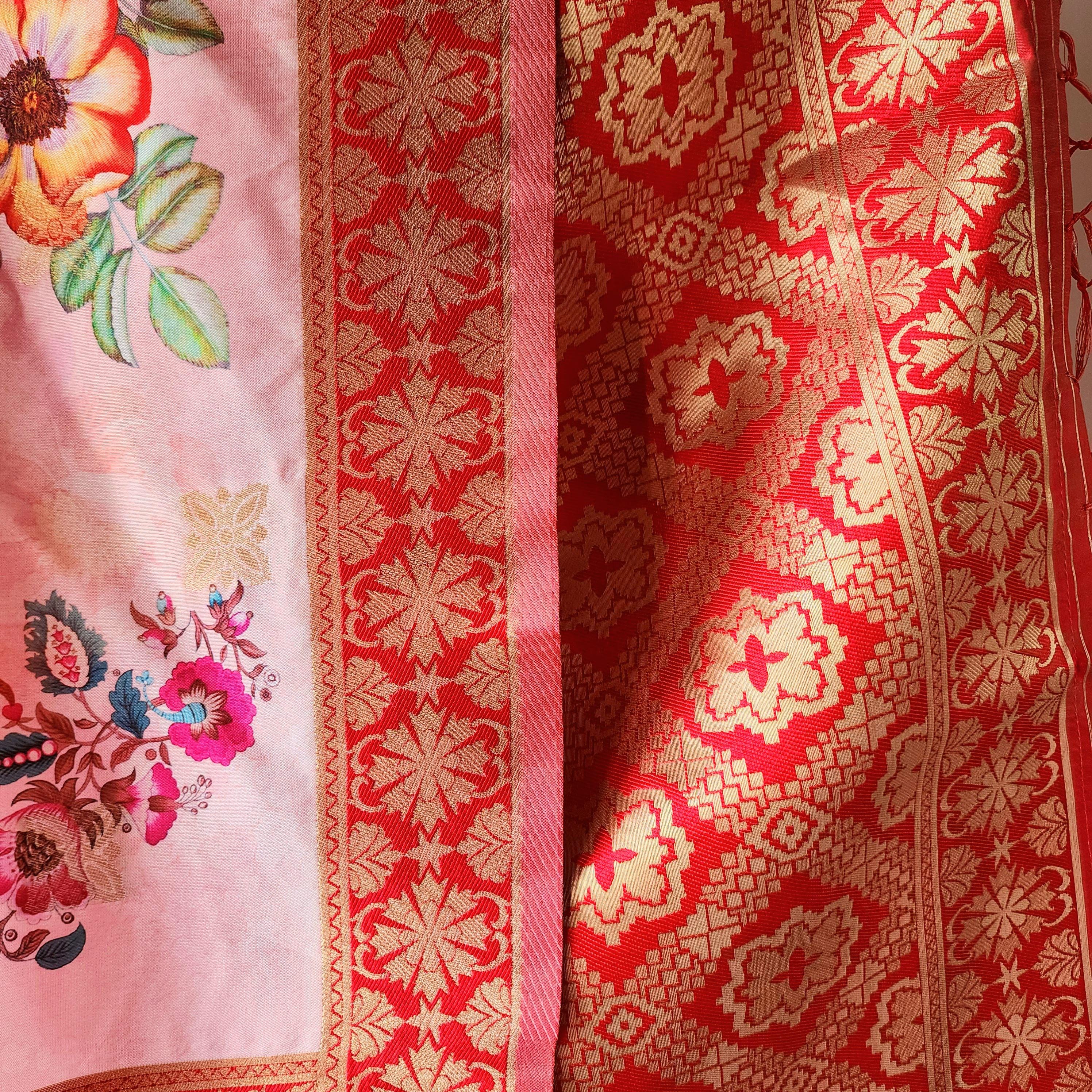Banarasi Silk Pink Dupatta with luxurious floral prints