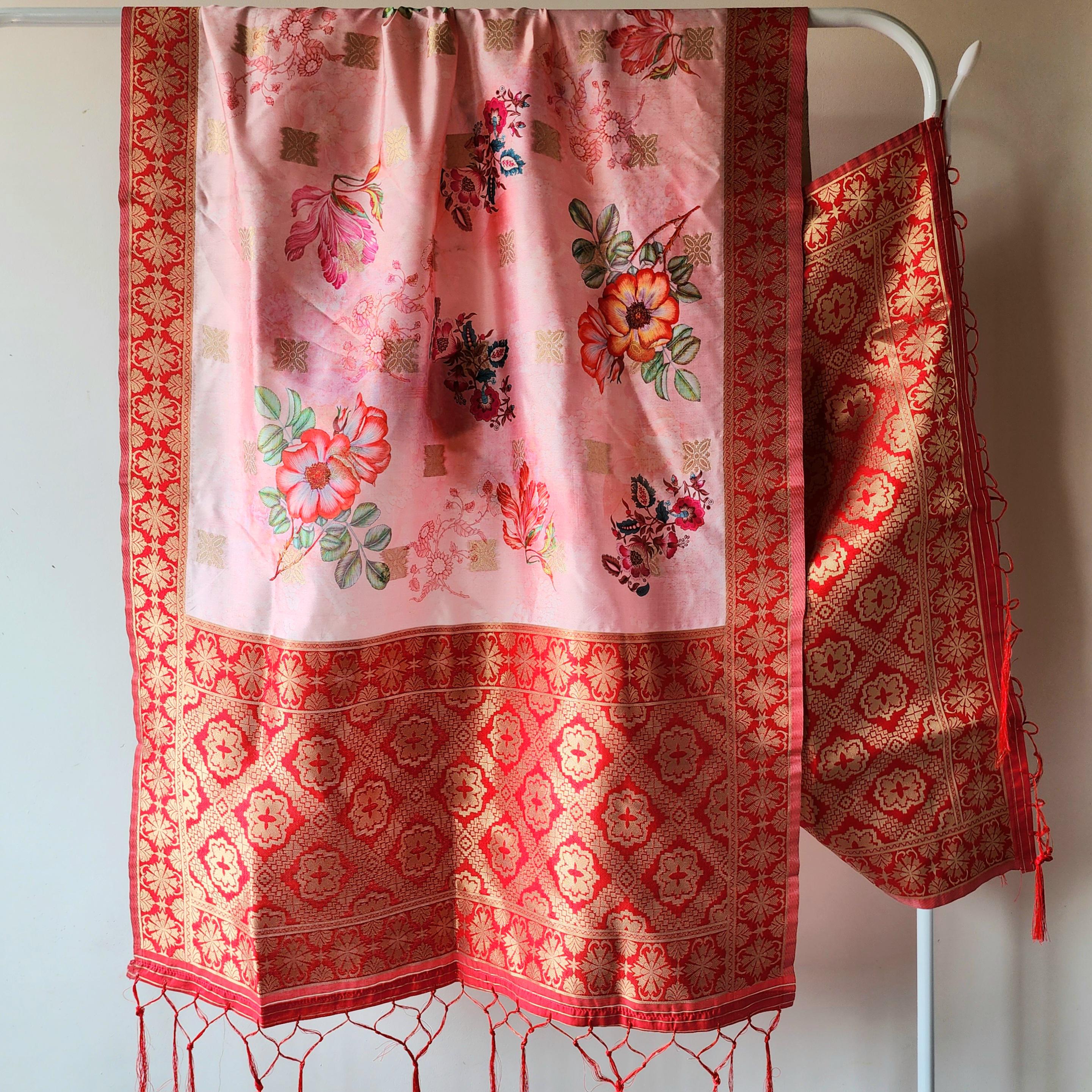 Banarasi Silk Pink Dupatta with luxurious floral prints