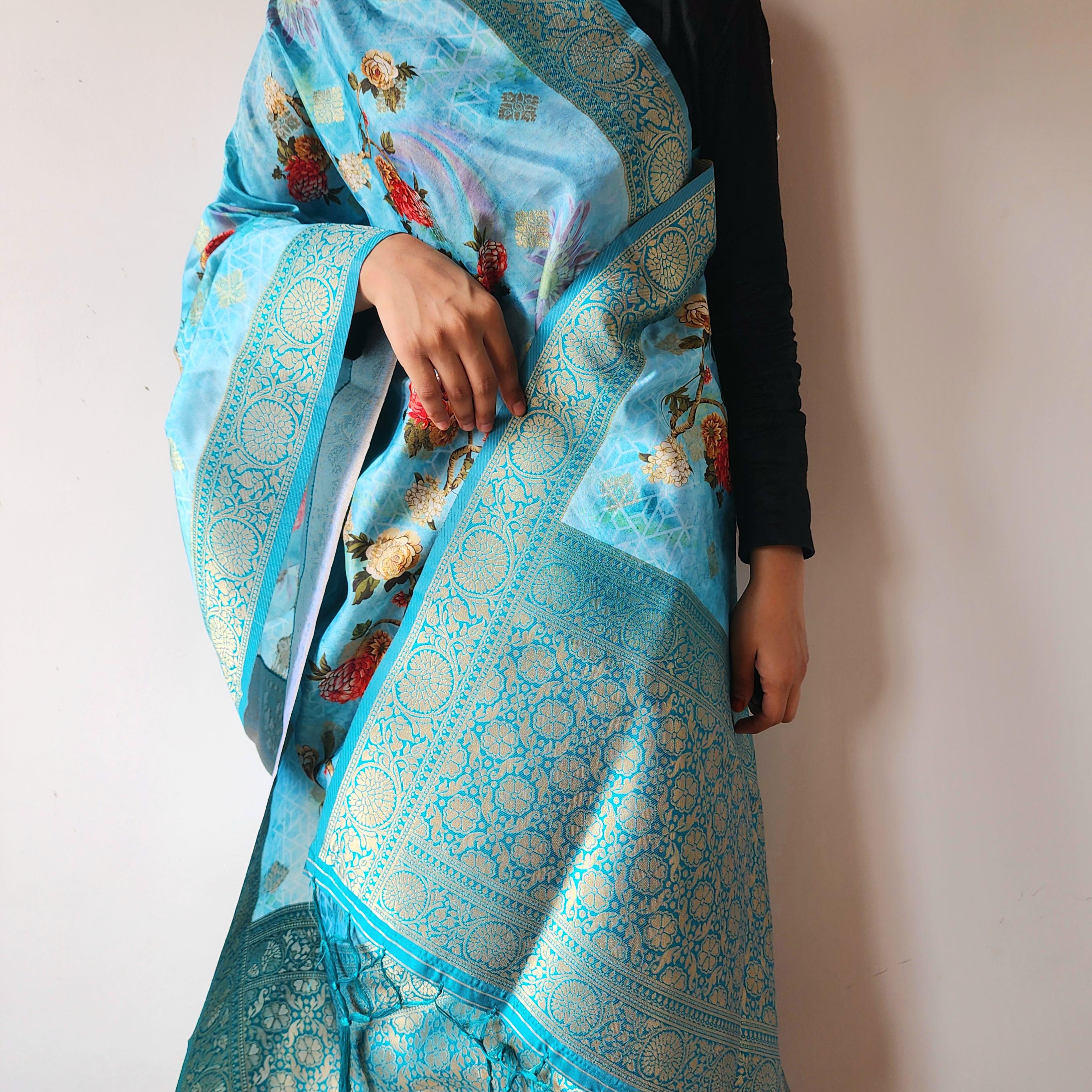 Banarasi Silk Light Blue Dupatta with luxurious floral prints
