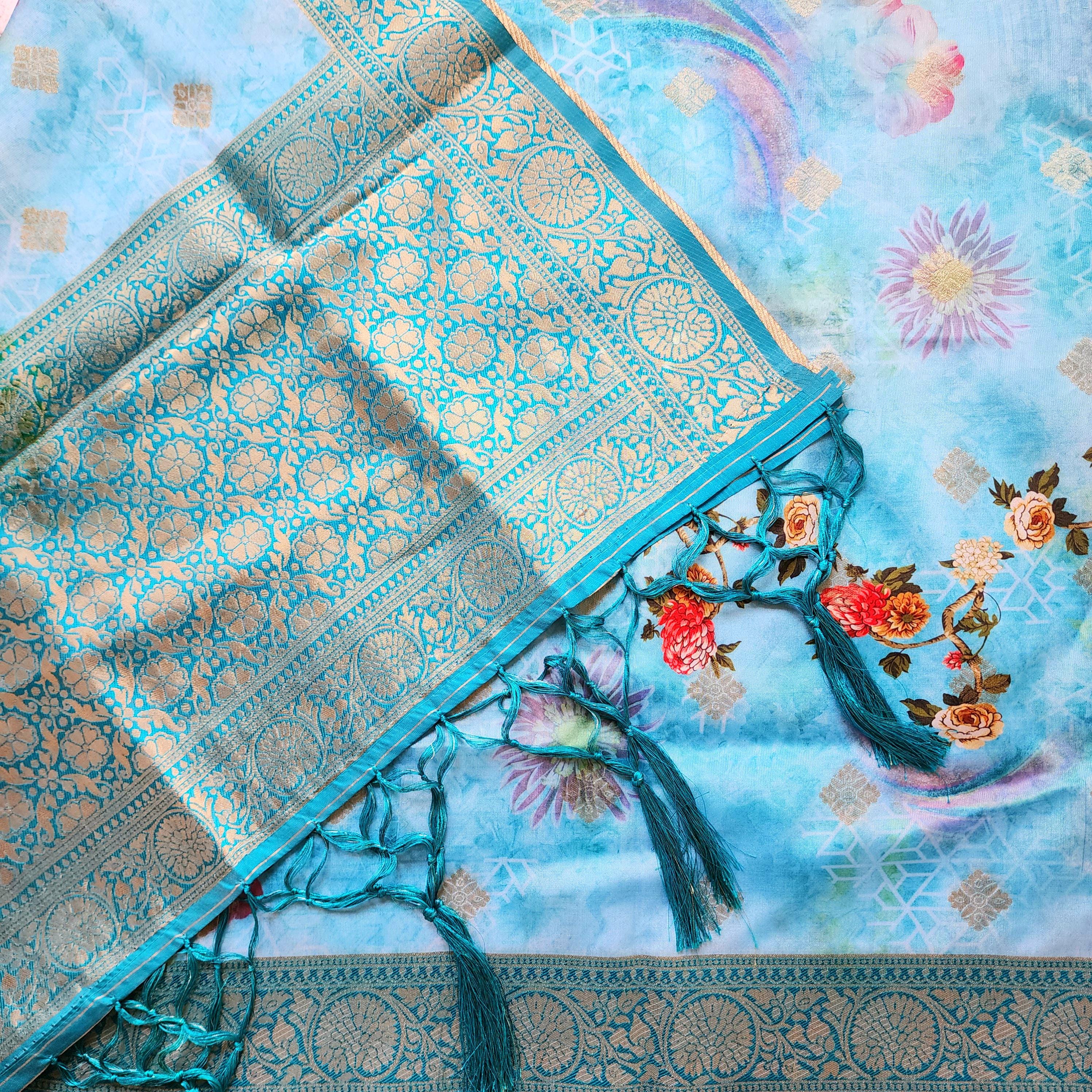 Banarasi Silk Light Blue Dupatta with luxurious floral prints