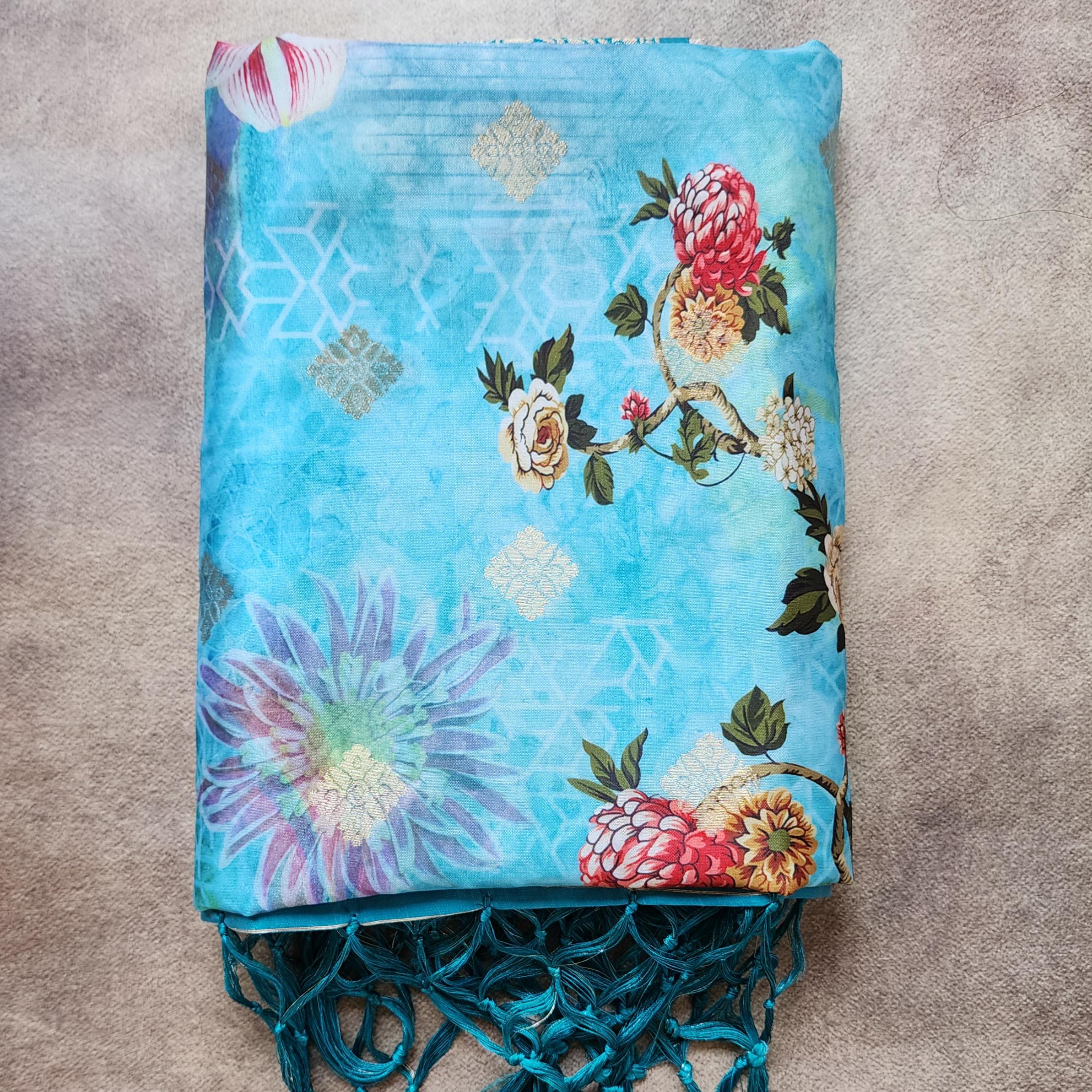 Banarasi Silk Light Blue Dupatta with luxurious floral prints