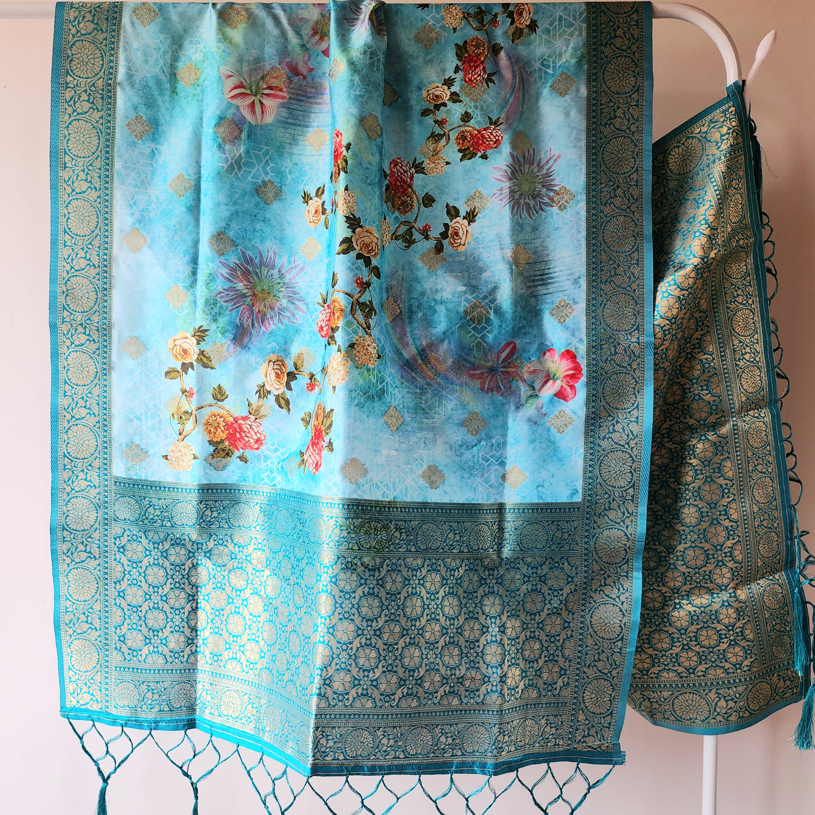 Banarasi Silk Light Blue Dupatta with luxurious floral prints