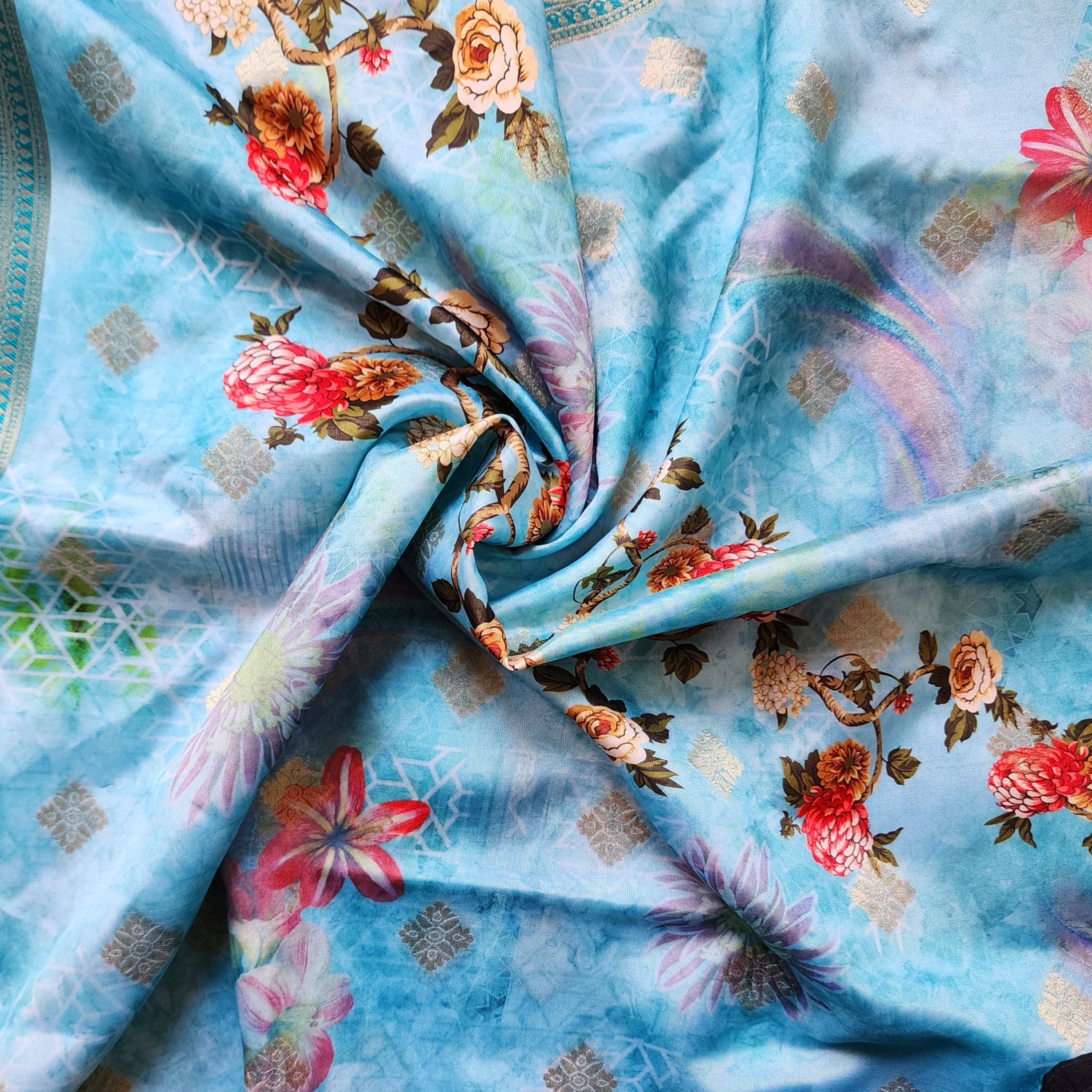 Banarasi Silk Light Blue Dupatta with luxurious floral prints