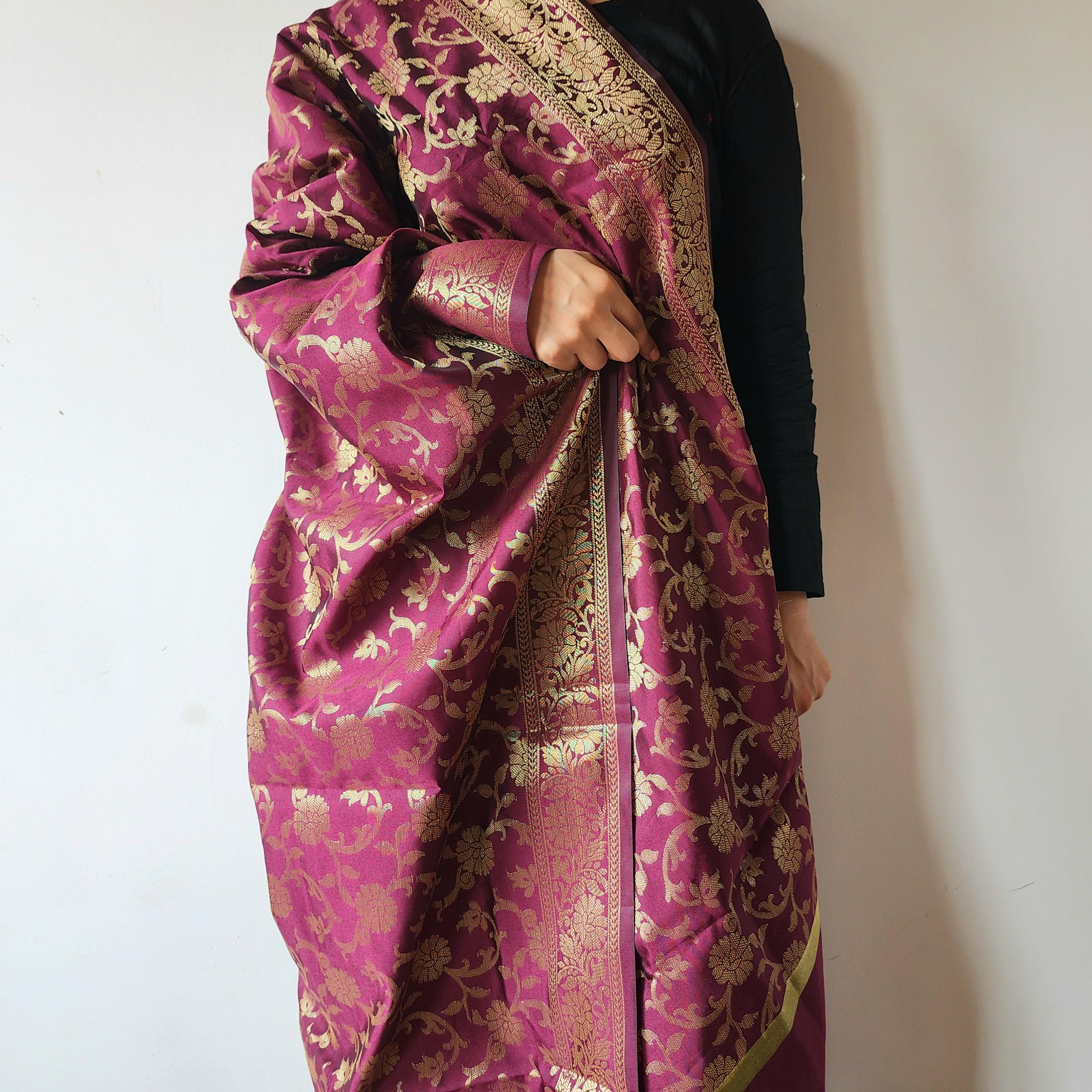 Wine Banarasi Dupatta with Gold Floral Weave Perfect for Evening Wear and Special Occasions