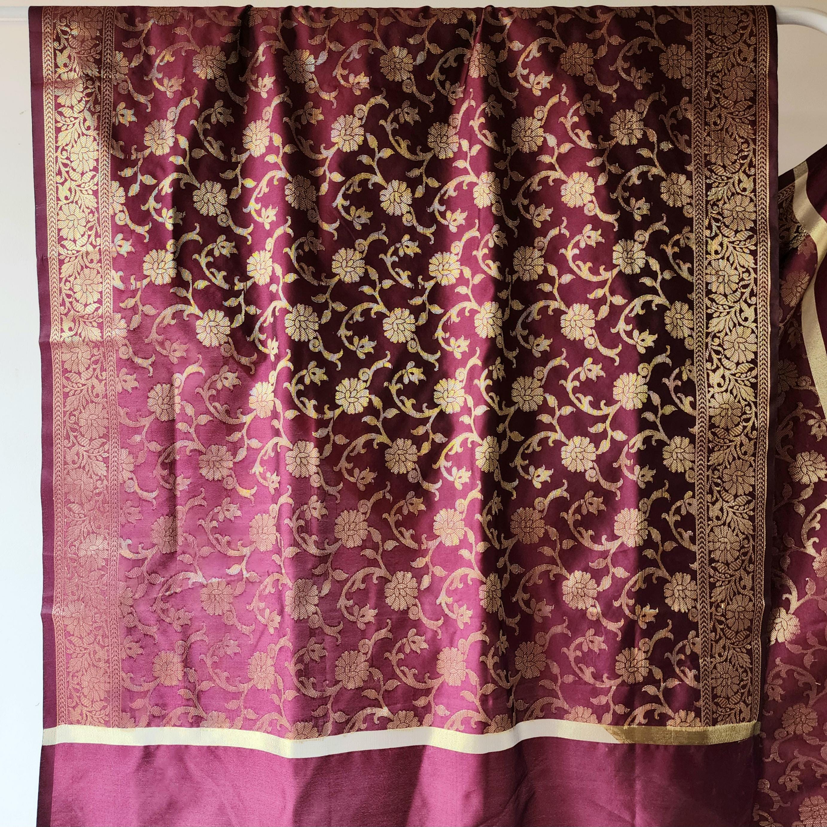 Wine Banarasi Dupatta with Gold Floral Weave Perfect for Evening Wear and Special Occasions