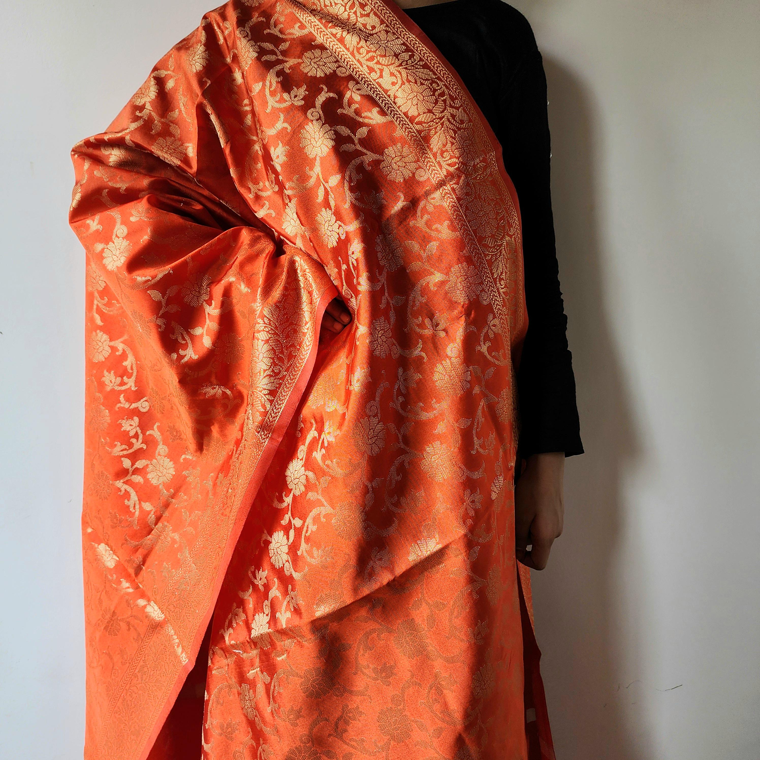 Orange Banarasi Dupatta with Gold Floral Weave Perfect for Evening Wear and Special Occasions