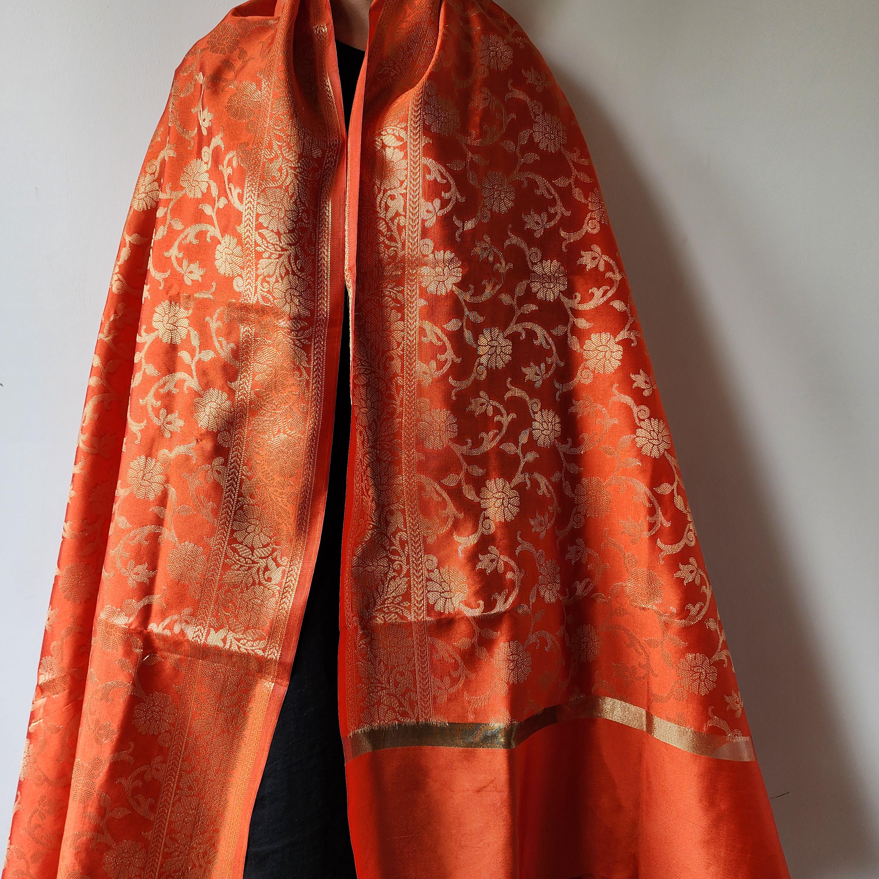 Orange Banarasi Dupatta with Gold Floral Weave Perfect for Evening Wear and Special Occasions