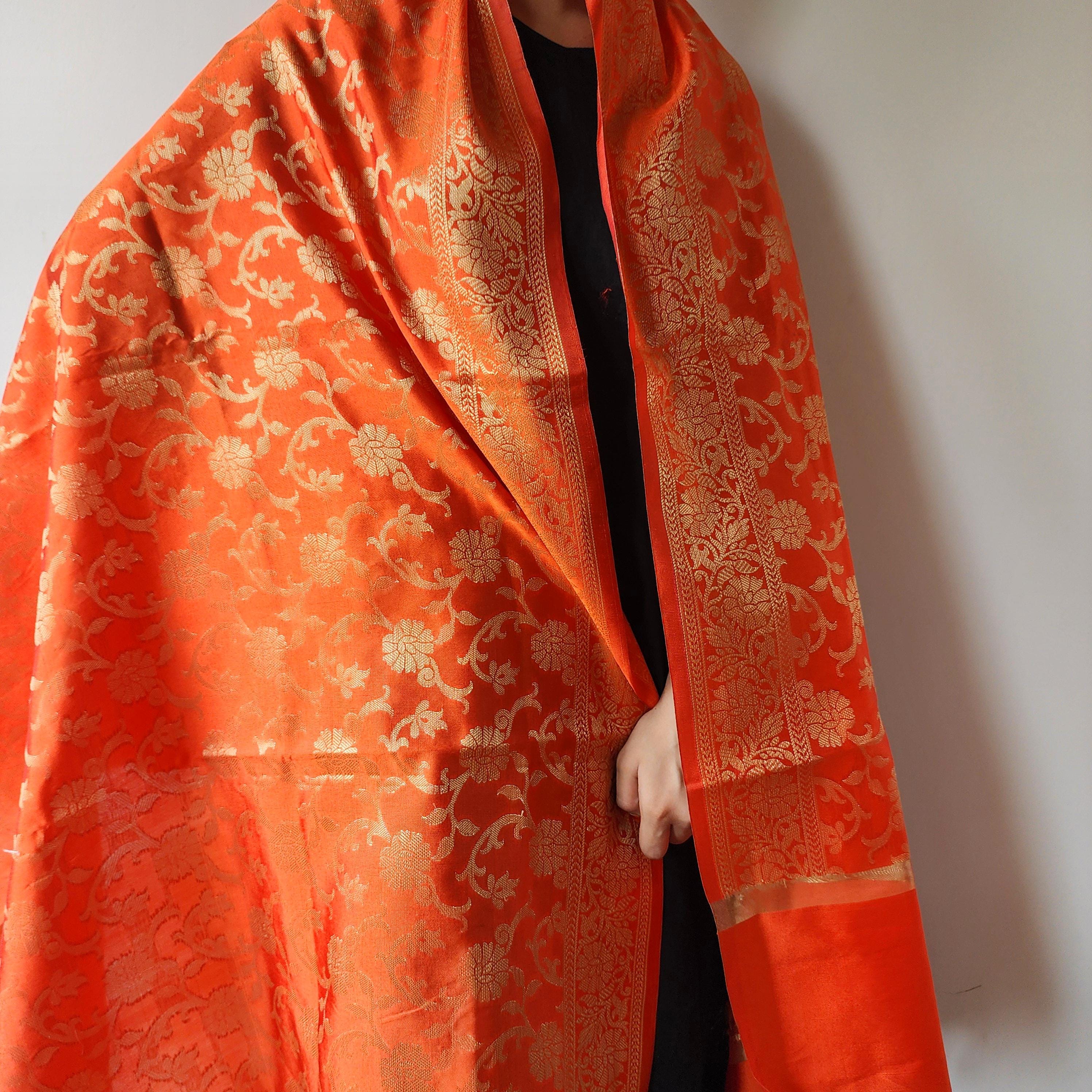 Orange Banarasi Dupatta with Gold Floral Weave Perfect for Evening Wear and Special Occasions